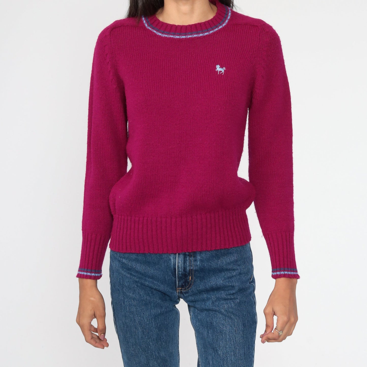 80s Purple Horse Graphic Knit Sweater Ringer Pullover Small