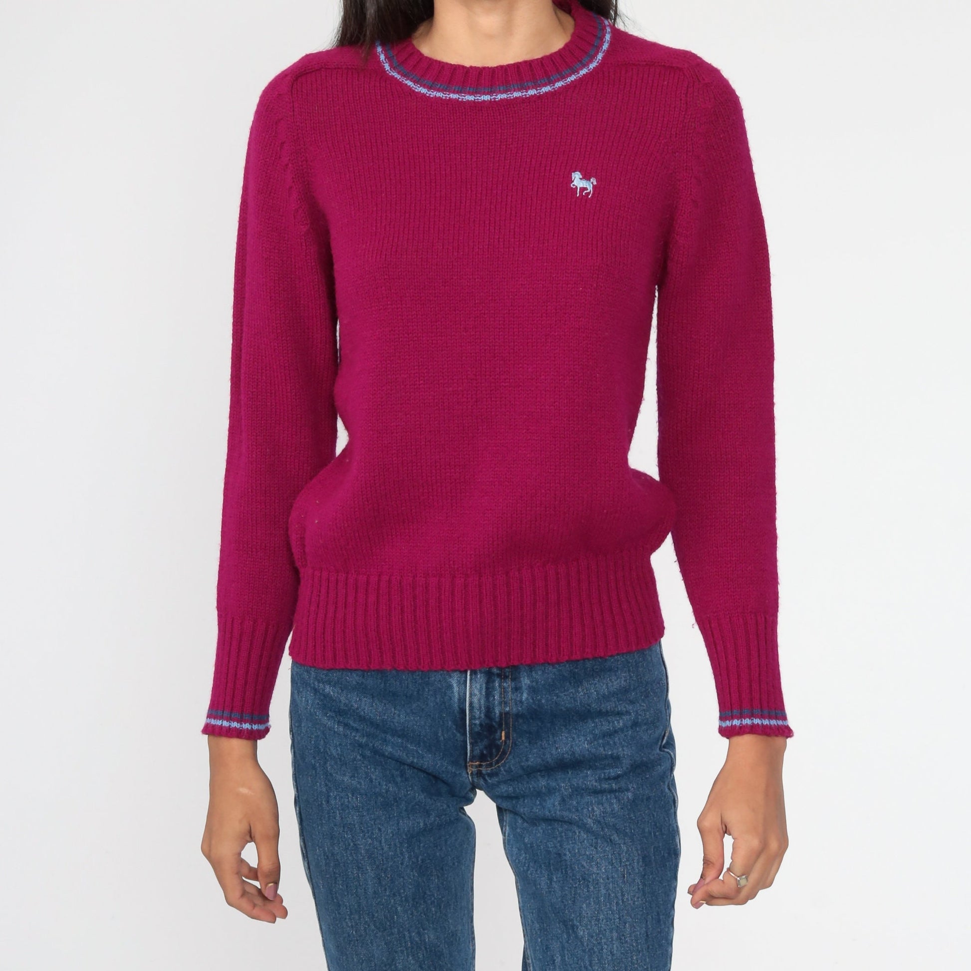 80s Purple Horse Graphic Knit Sweater Ringer Pullover Small