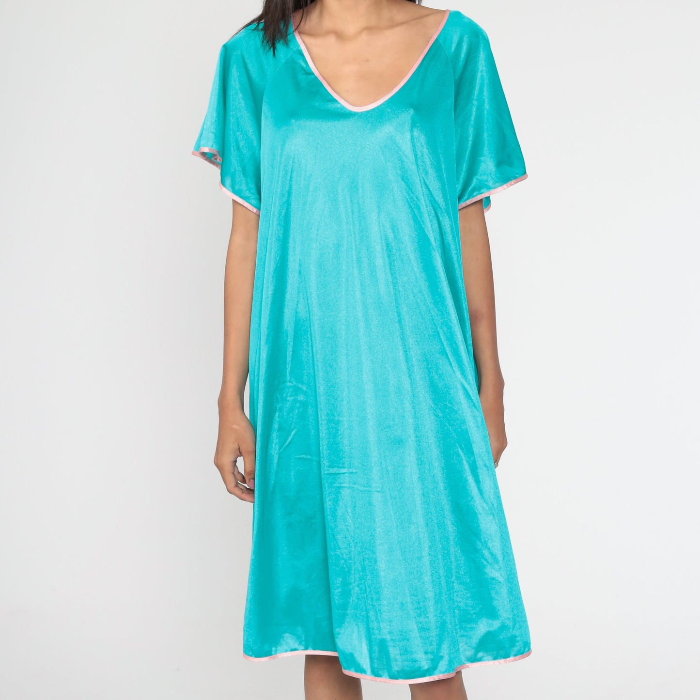 1960s Turquoise Nylon Nightgown Pink Ringer Trim Tent Cut Extra Large XXL