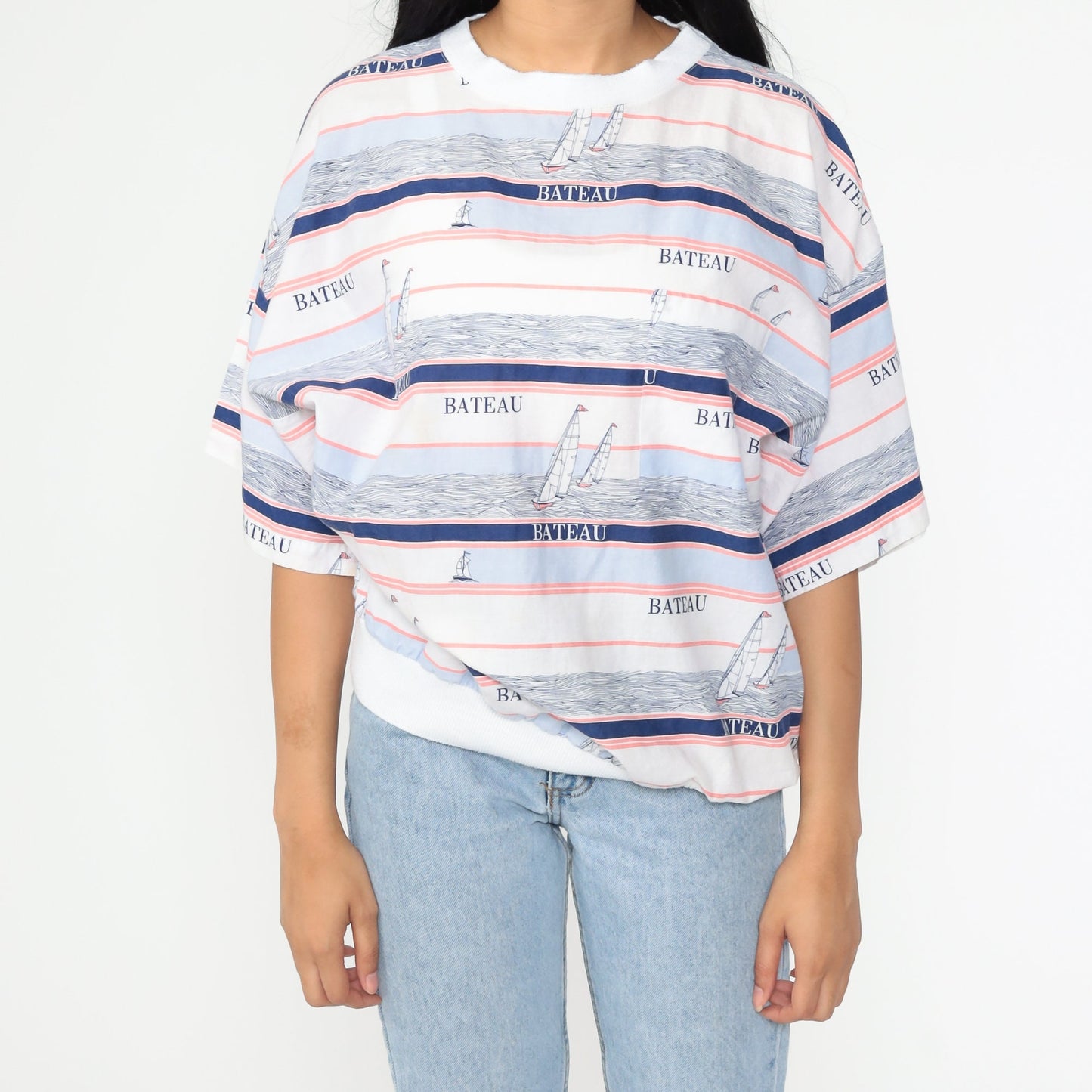 80s Bateau Boat Sailboat Striped Sailor Graphic T-Shirt White Cotton Medium