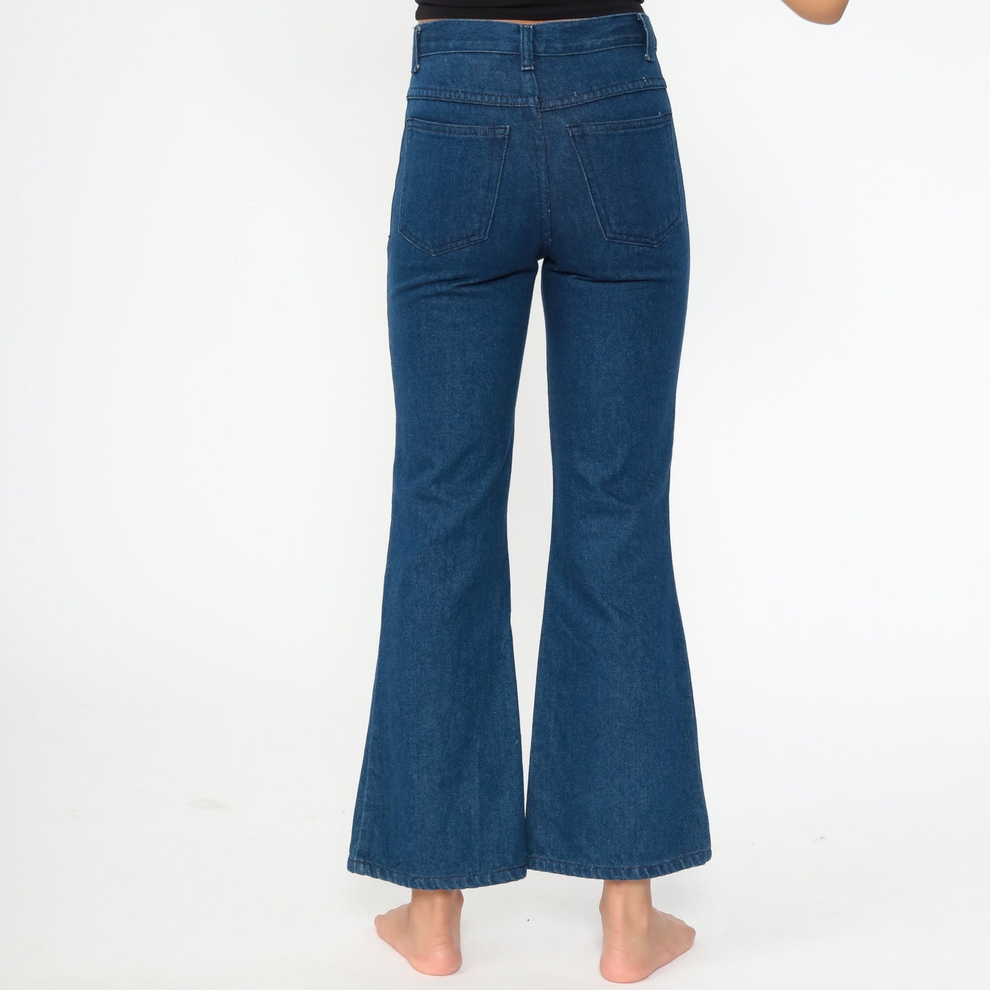 90s Floral Embroidered Bell Bottom Jeans Dark Blue Cotton Y2K Extra Small XS