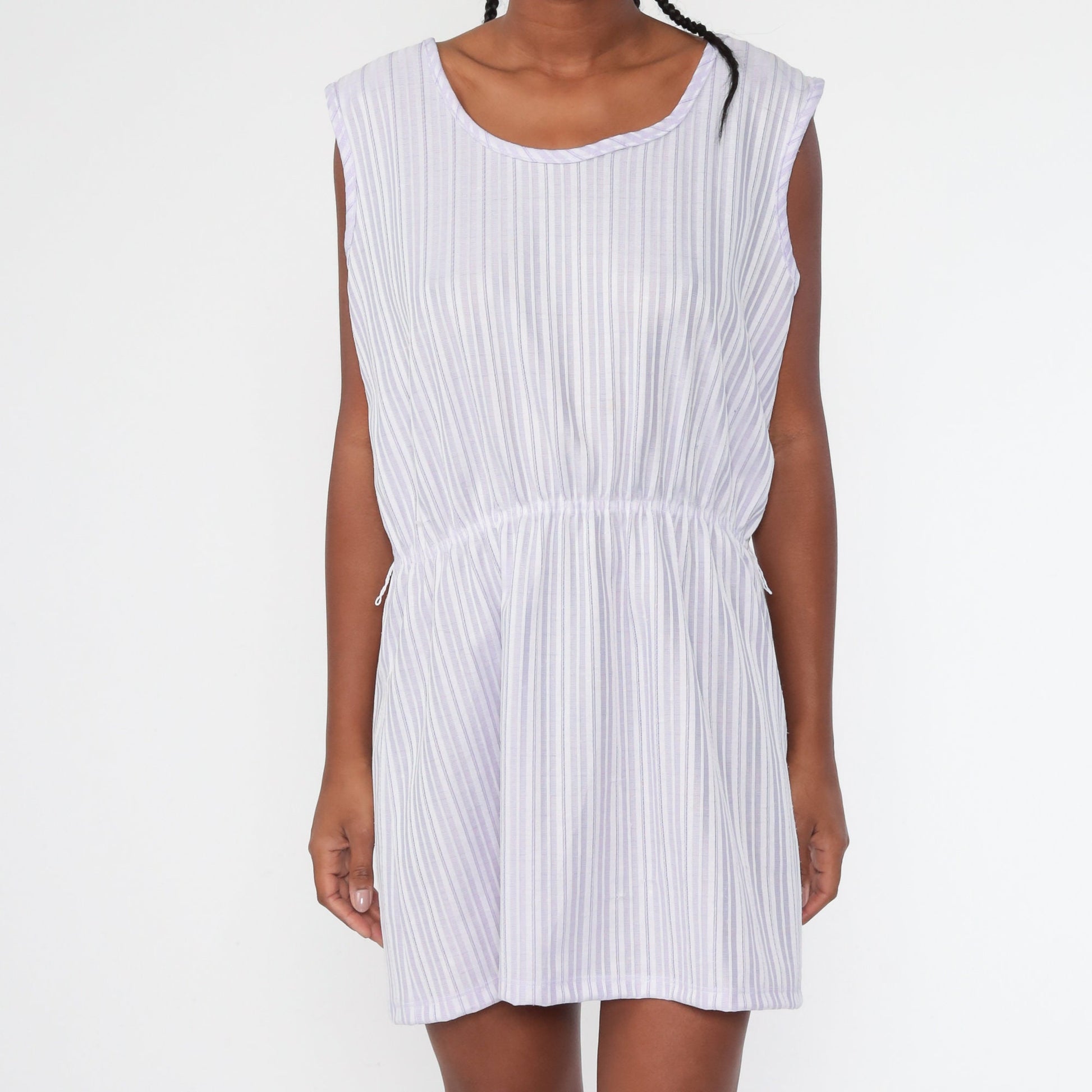 70s Lavender Striped Mini Dress High Waist Sleeveless Extra Large XL