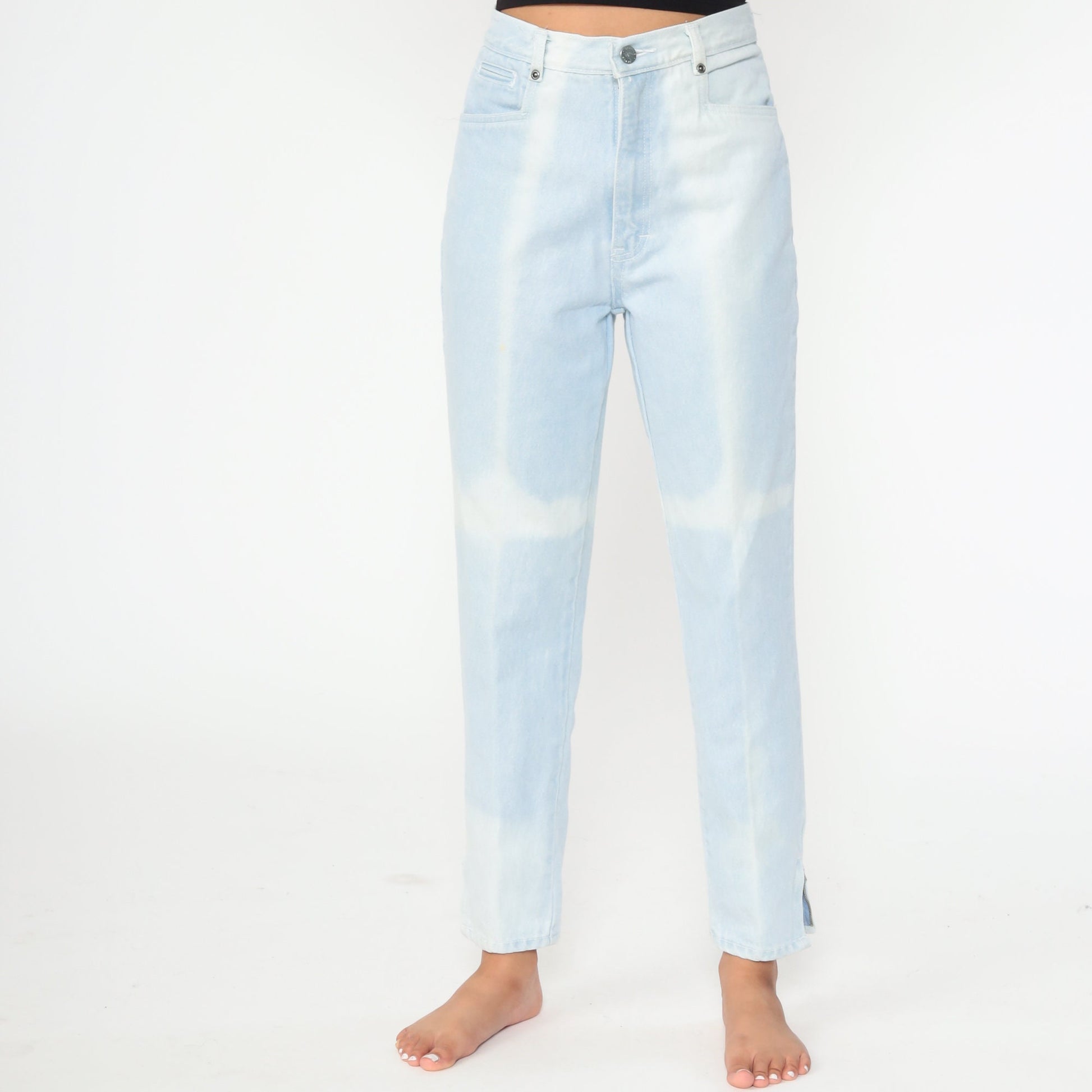 90s Bleach Dyed High Waist Jeans Light Blue Slim Ankle Zipper Small