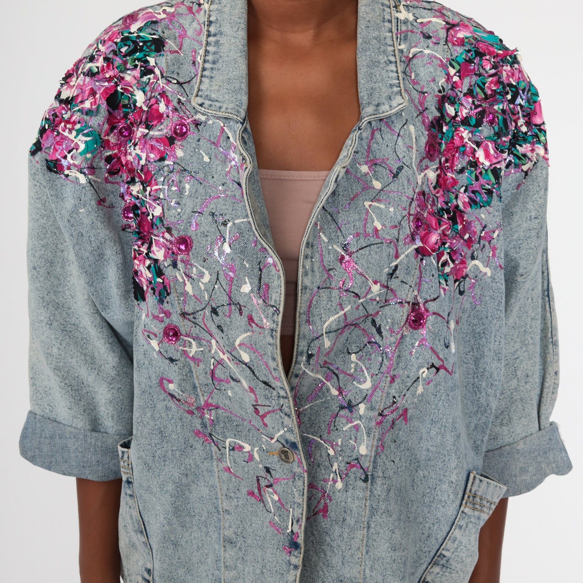 80s Acid Wash Denim Jacket Paint Splatter Glitter Blue Small
