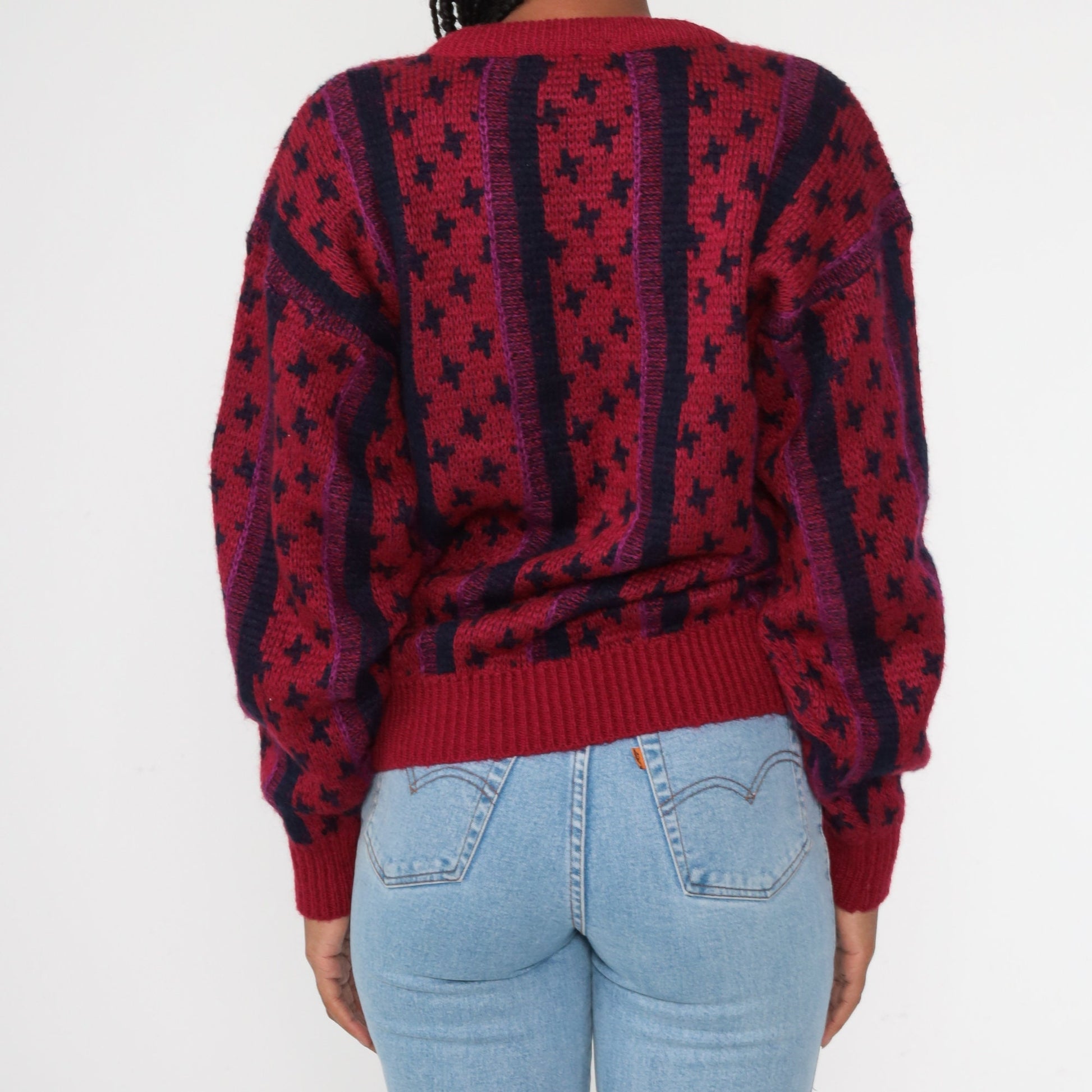 80s Burgundy Striped V-Neck Wool Blend Sweater Knit Pullover Medium