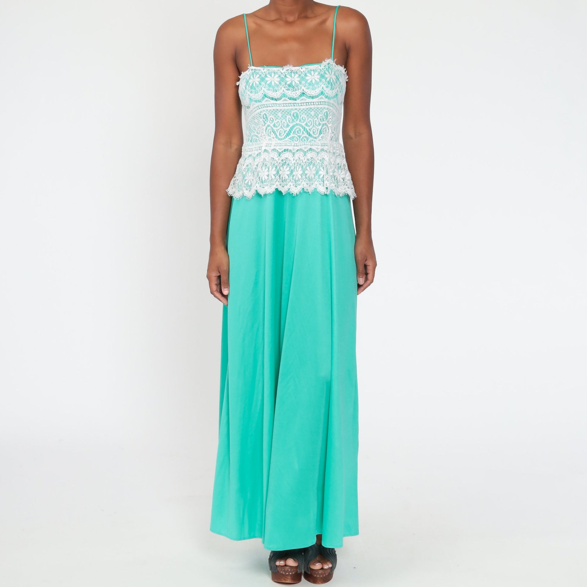 70s Green Lace Maxi Dress Spaghetti Strap Low Waist Extra Small