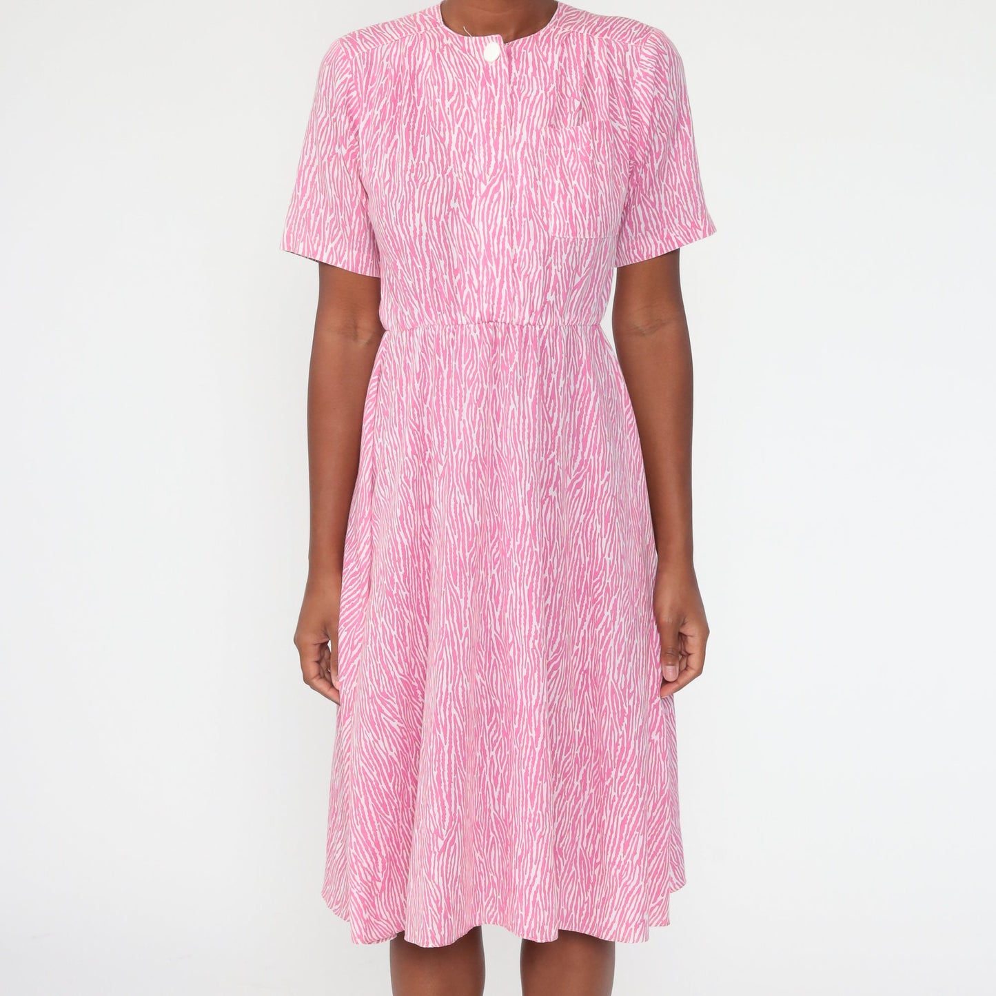 70s Tiger Stripe Print Midi Shirtdress Pink High Waist Button Up Small