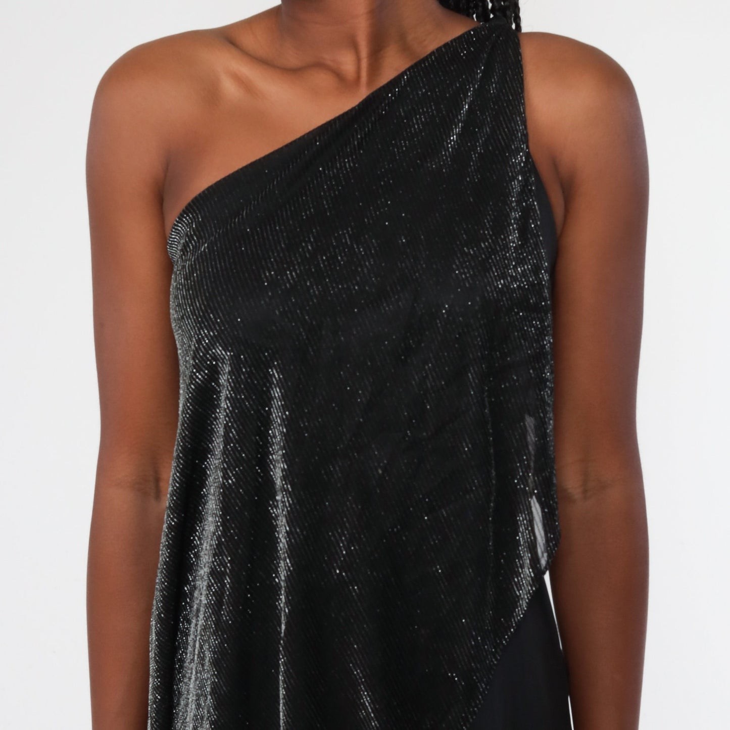 90s Black Metallic One-Shoulder Maxi Dress Draped Glitter Panel Extra Small