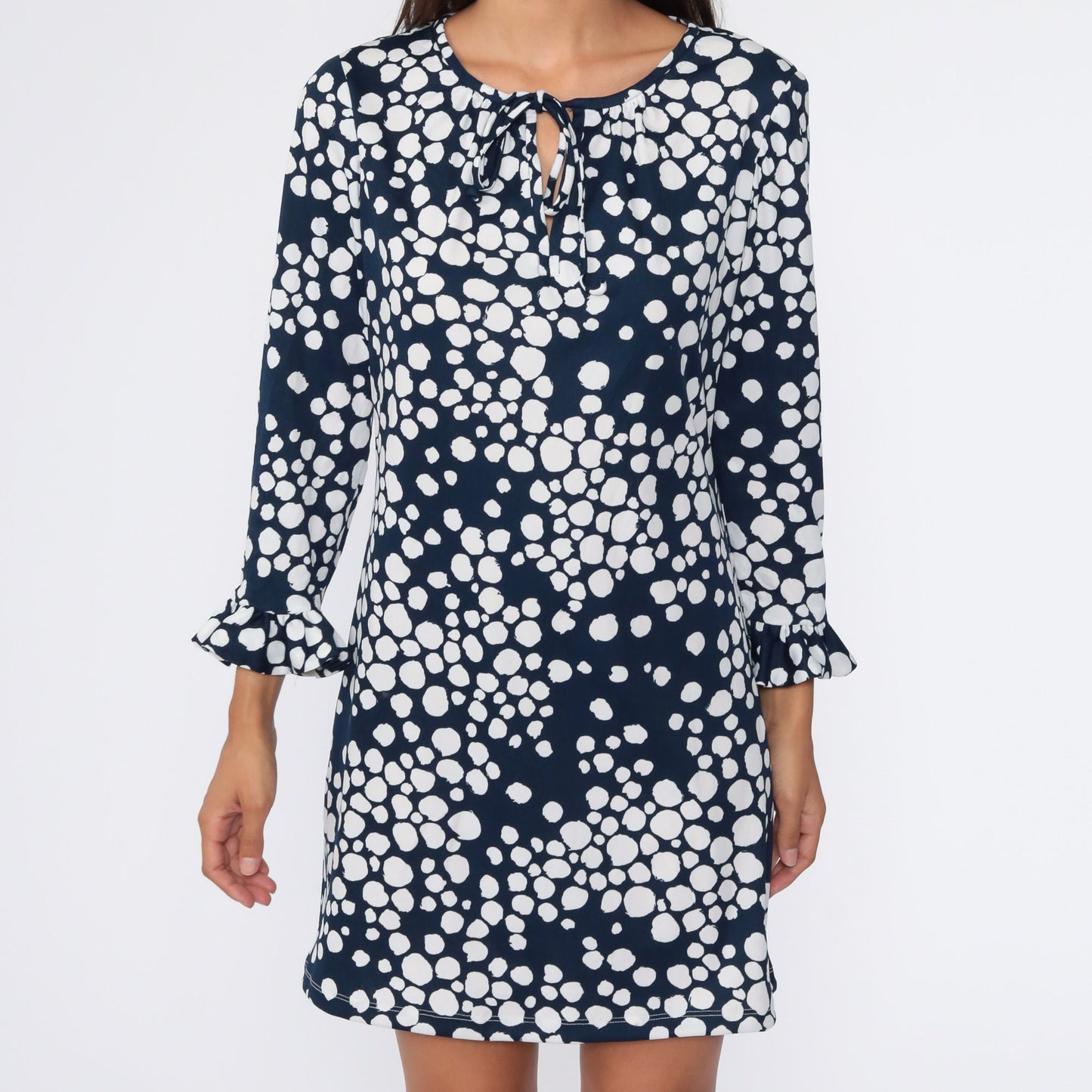 70s Mod Mini Shift Dress Polka Dot Blue White Long Ruffle Sleeve Medium