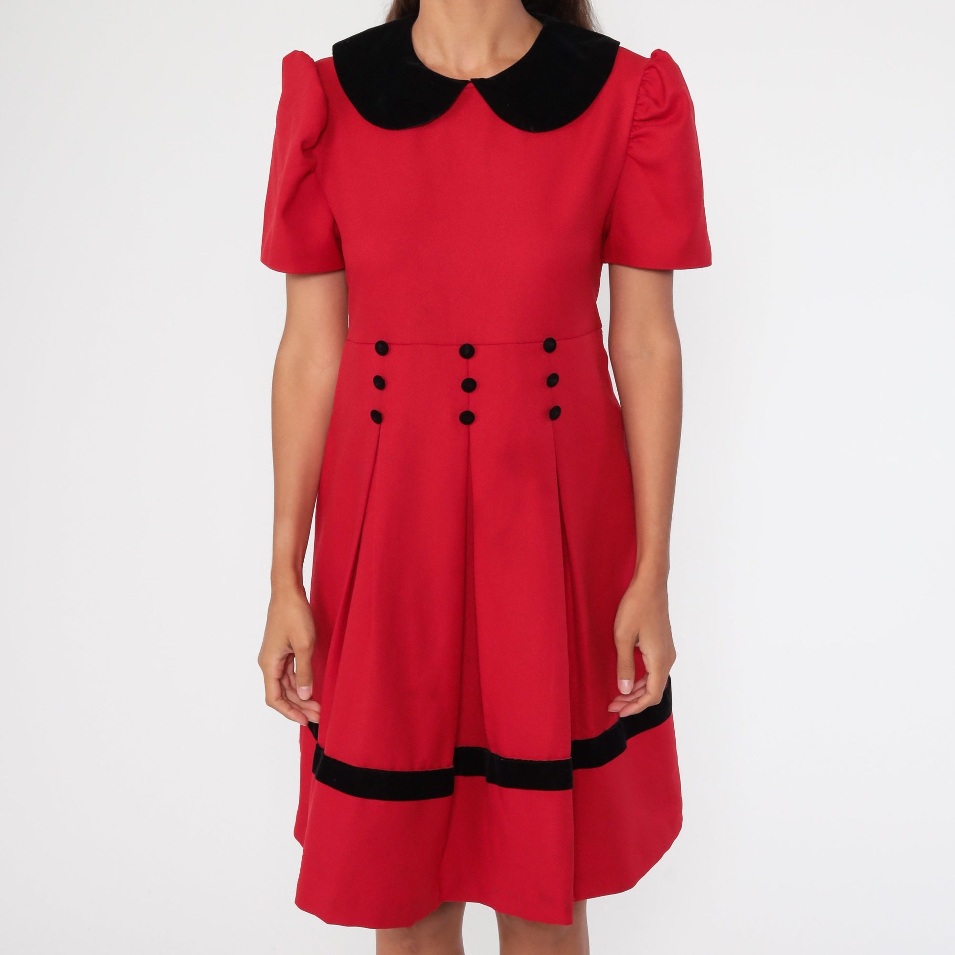90s Red Midi Dress Peter Pan Collar Puff Sleeve Pleated Large 12