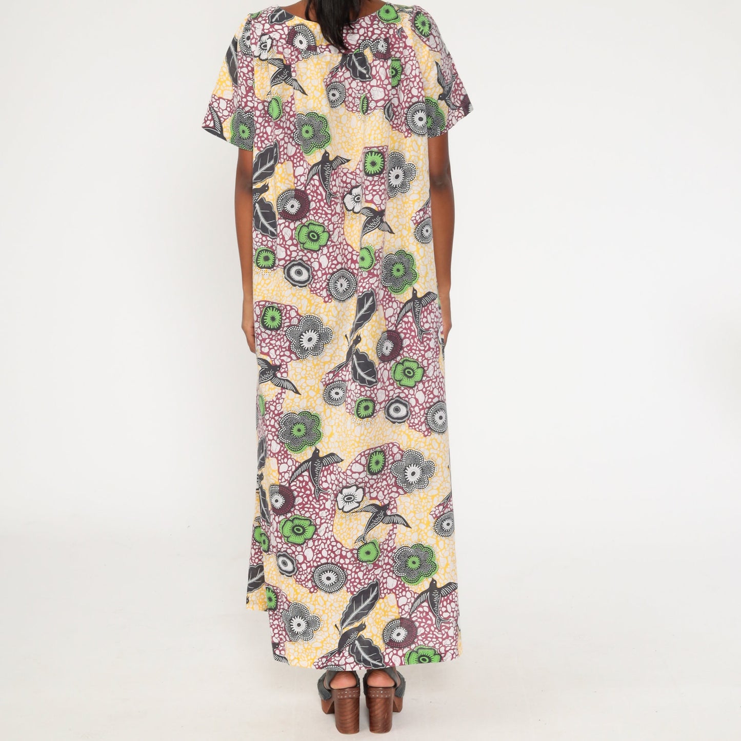 70s Bird Print Maxi Dress Caftan Cotton Blend Long Sleeve Medium