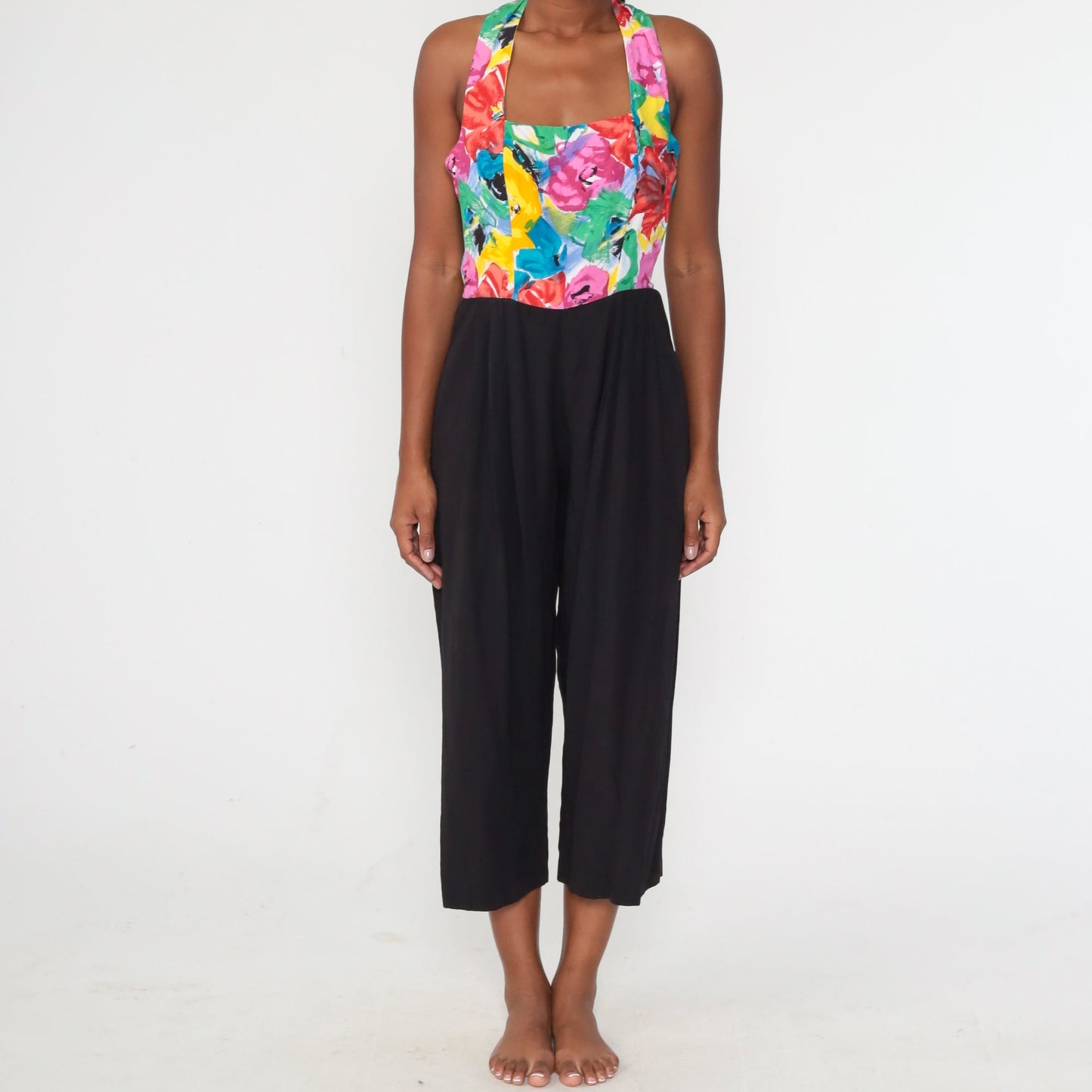 90s Black Floral Halter Jumpsuit Straight Leg Backless Small S