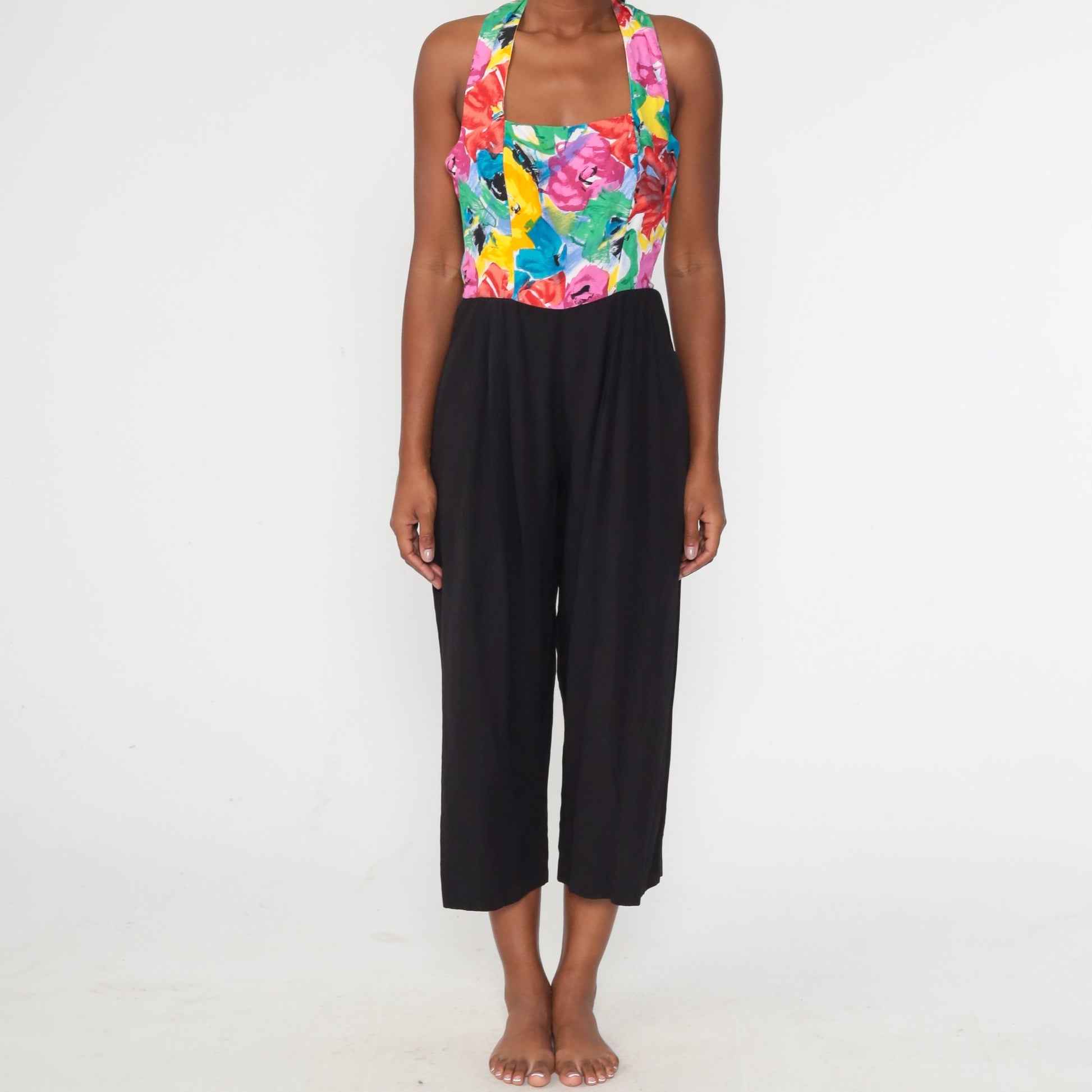 90s Black Floral Halter Jumpsuit Straight Leg Backless Small S