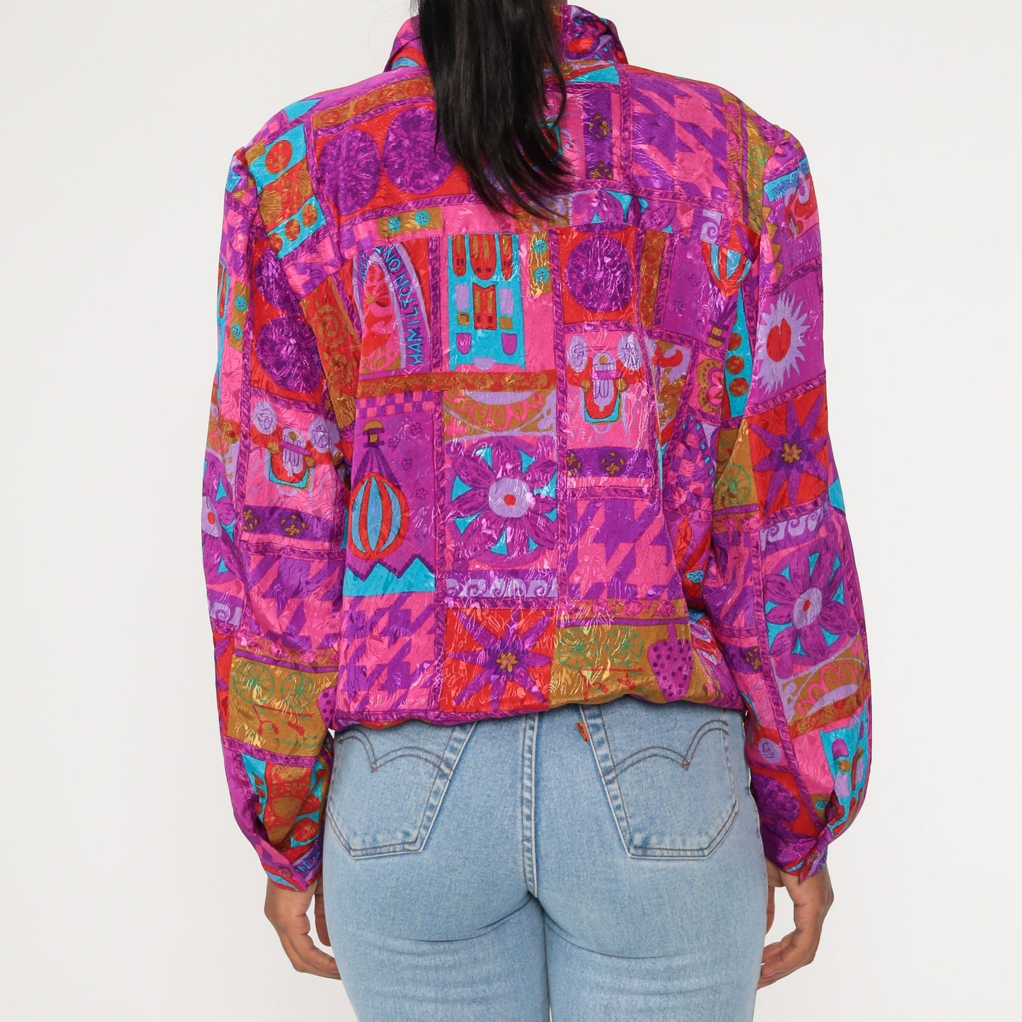 90s Floral Patchwork Colour Block Blouse Purple Neon Button Up Large