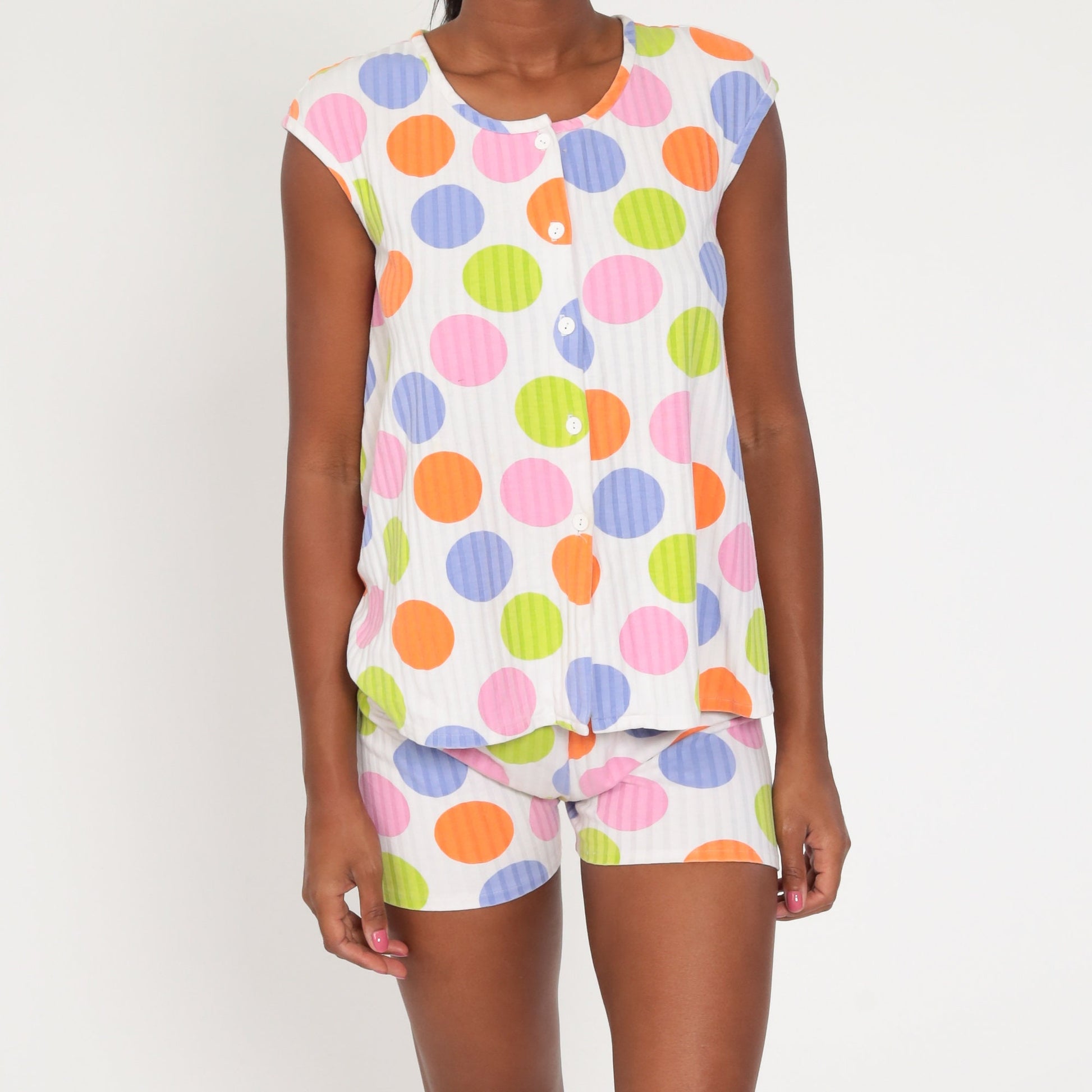 80s Polka Dot Two Piece Romper Set Button Up Blouse Shorts Small