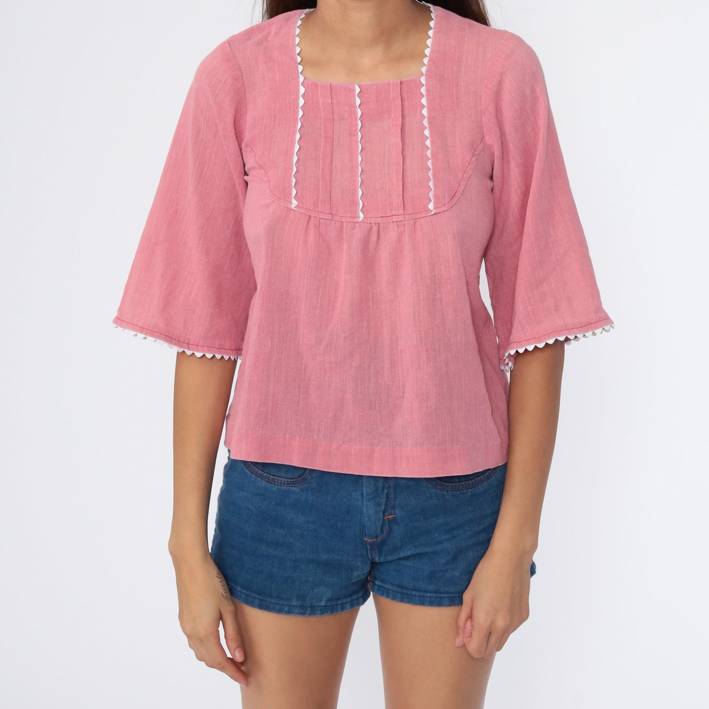 70s Pink Cotton Tunic Top Wide Sleeve Blouse Extra Small XS