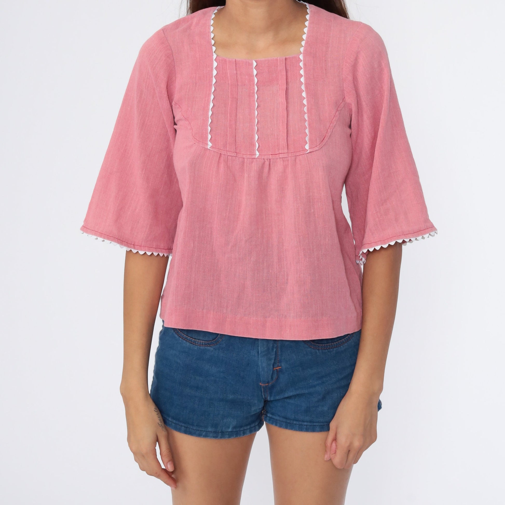 70s Pink Cotton Tunic Top Wide Sleeve Blouse Extra Small XS