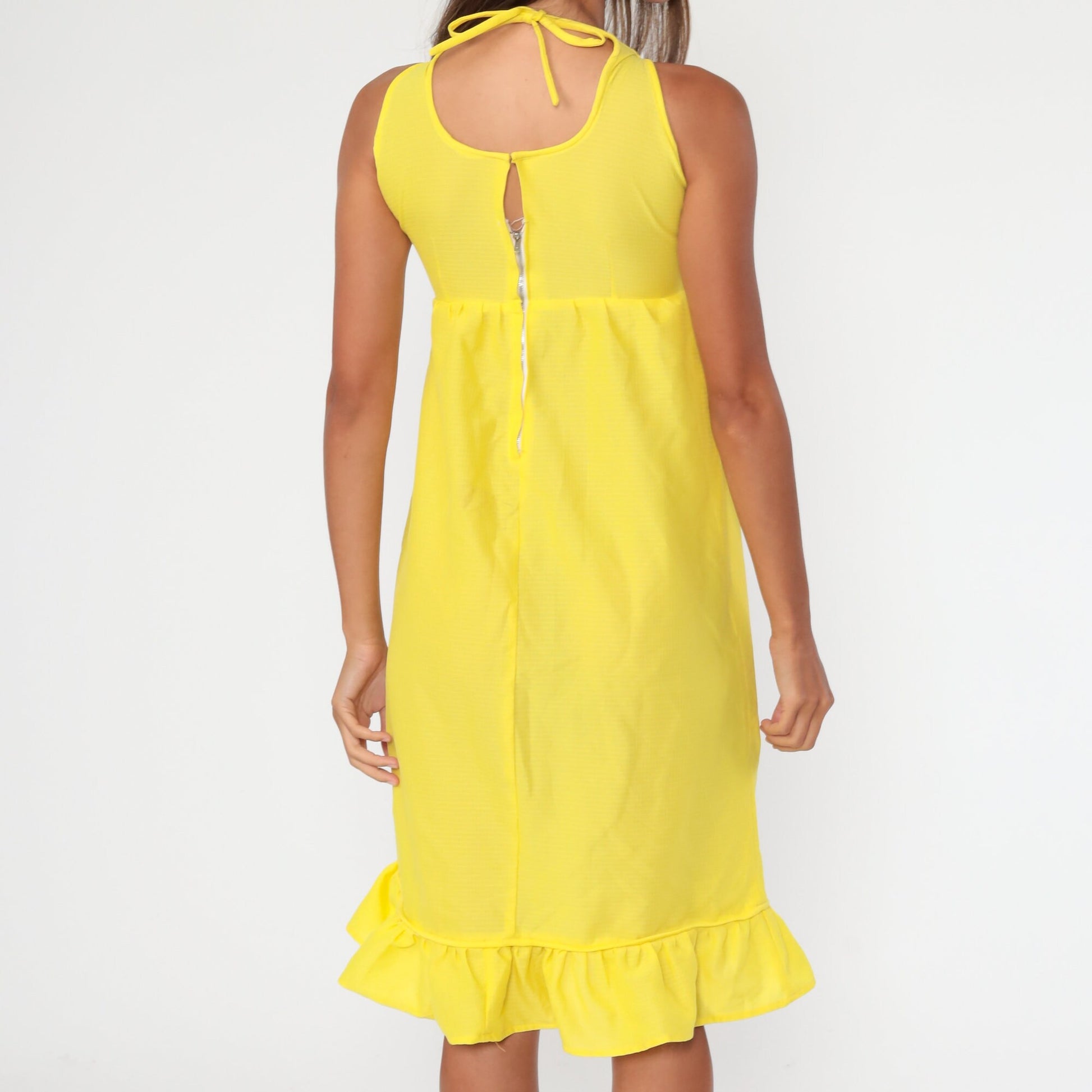 70s Yellow Floral Embroidered Babydoll Dress Empire Waist Midi Sleeveless XXS