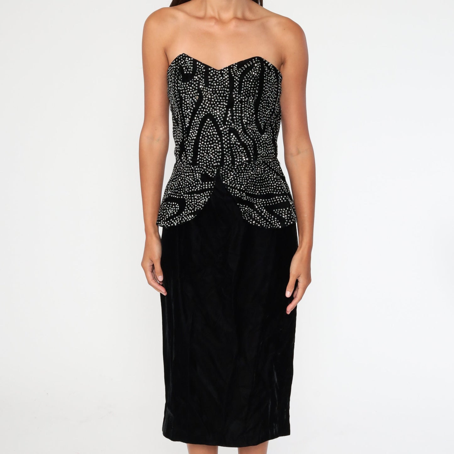 80s Black Velvet Strapless Mini Dress Sweetheart Neckline Rhinestone Extra Small