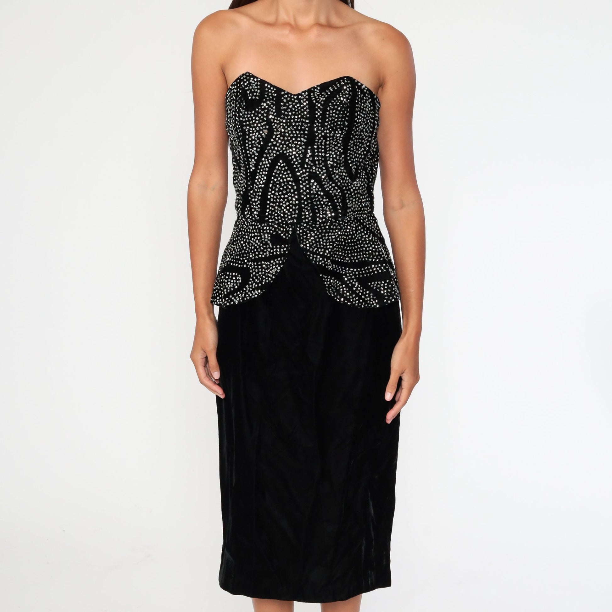 80s Black Velvet Strapless Mini Dress Sweetheart Neckline Rhinestone Extra Small