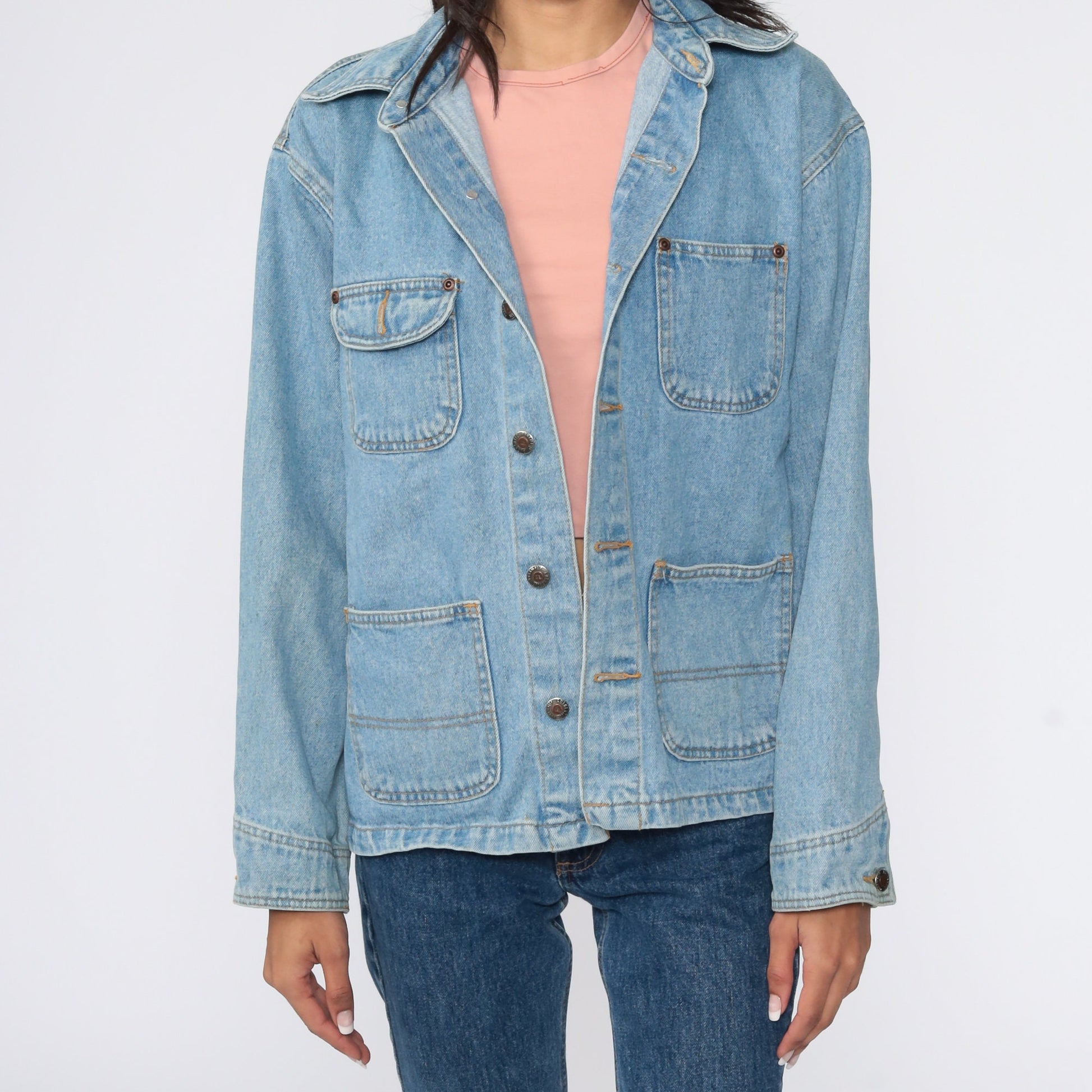 90s Light Blue Denim Cargo Jacket Workwear Button Up Medium