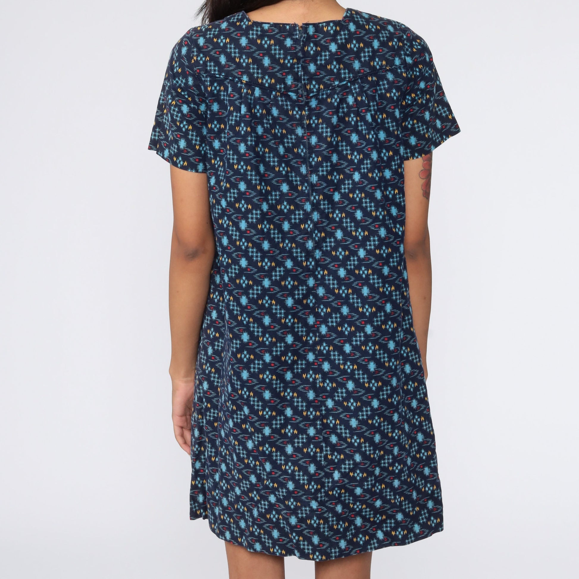 60s Mod Mini Dress Blue Checkered Shift Twiggy Small