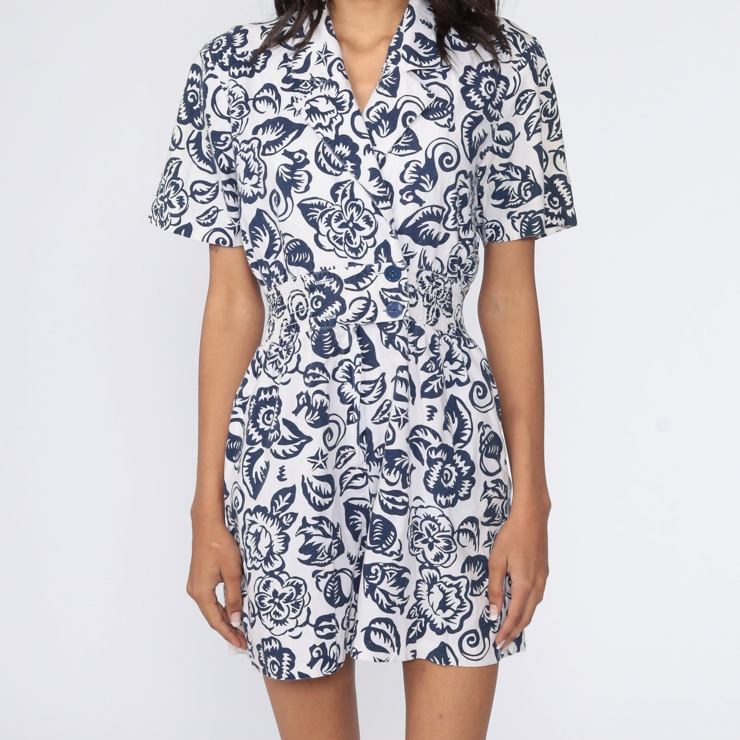 90s Floral Romper White Blue V-Neck High Waist Playsuit Small S