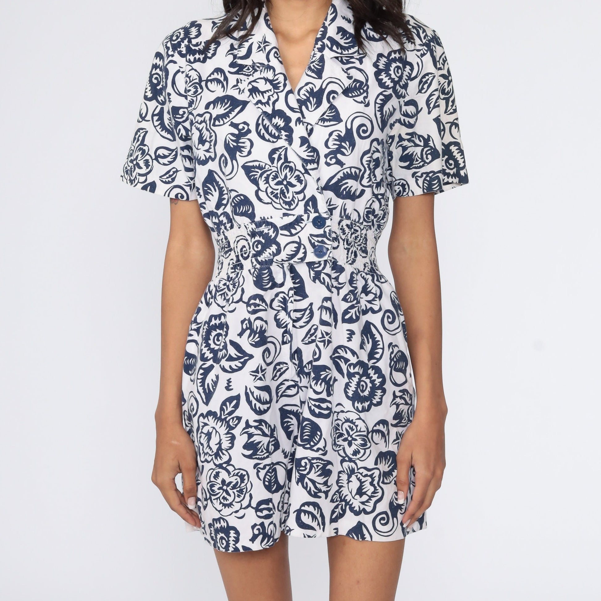 90s Floral Romper White Blue V-Neck High Waist Playsuit Small S