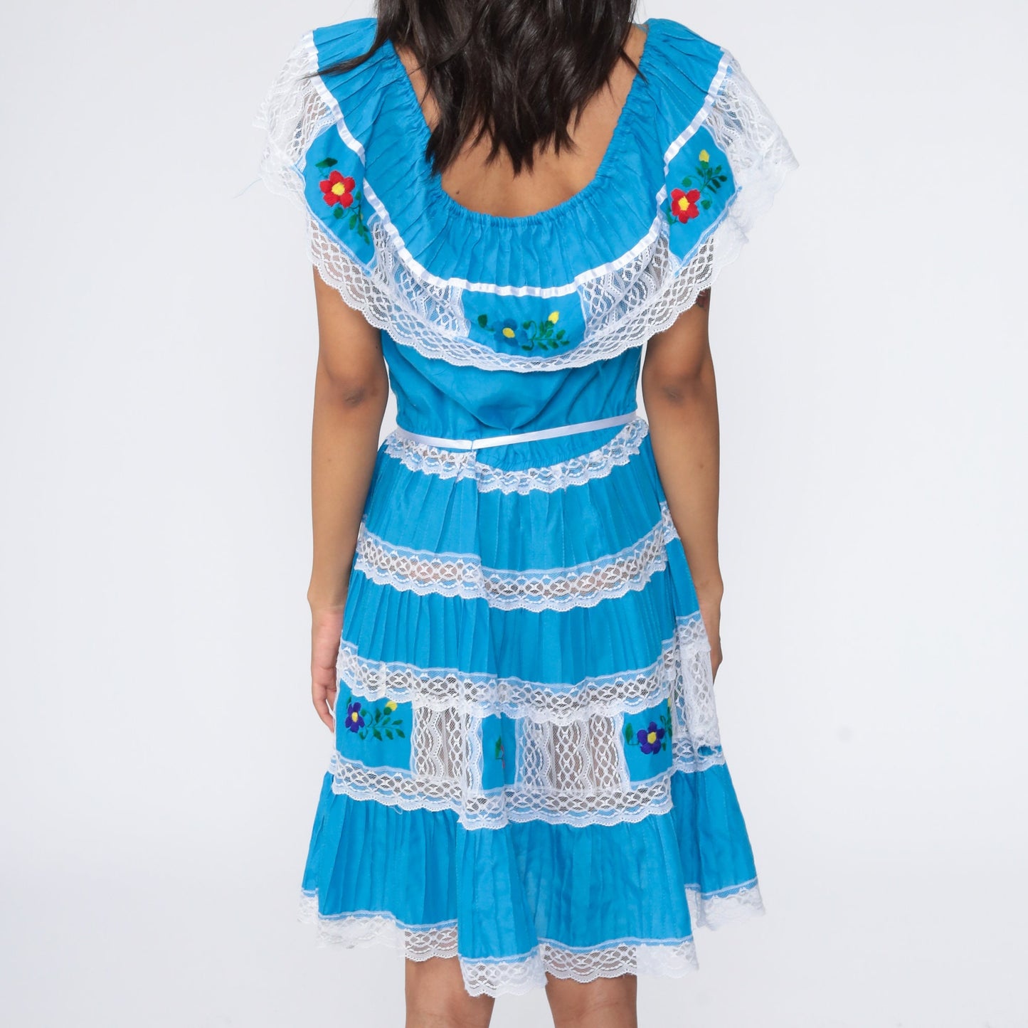 80s Mexican Peasant Dress Embroidered Off-Shoulder Midi Blue Small