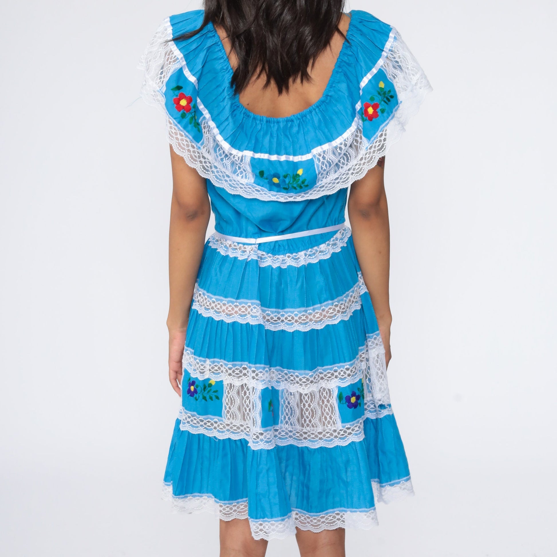 80s Mexican Peasant Dress Embroidered Off-Shoulder Midi Blue Small