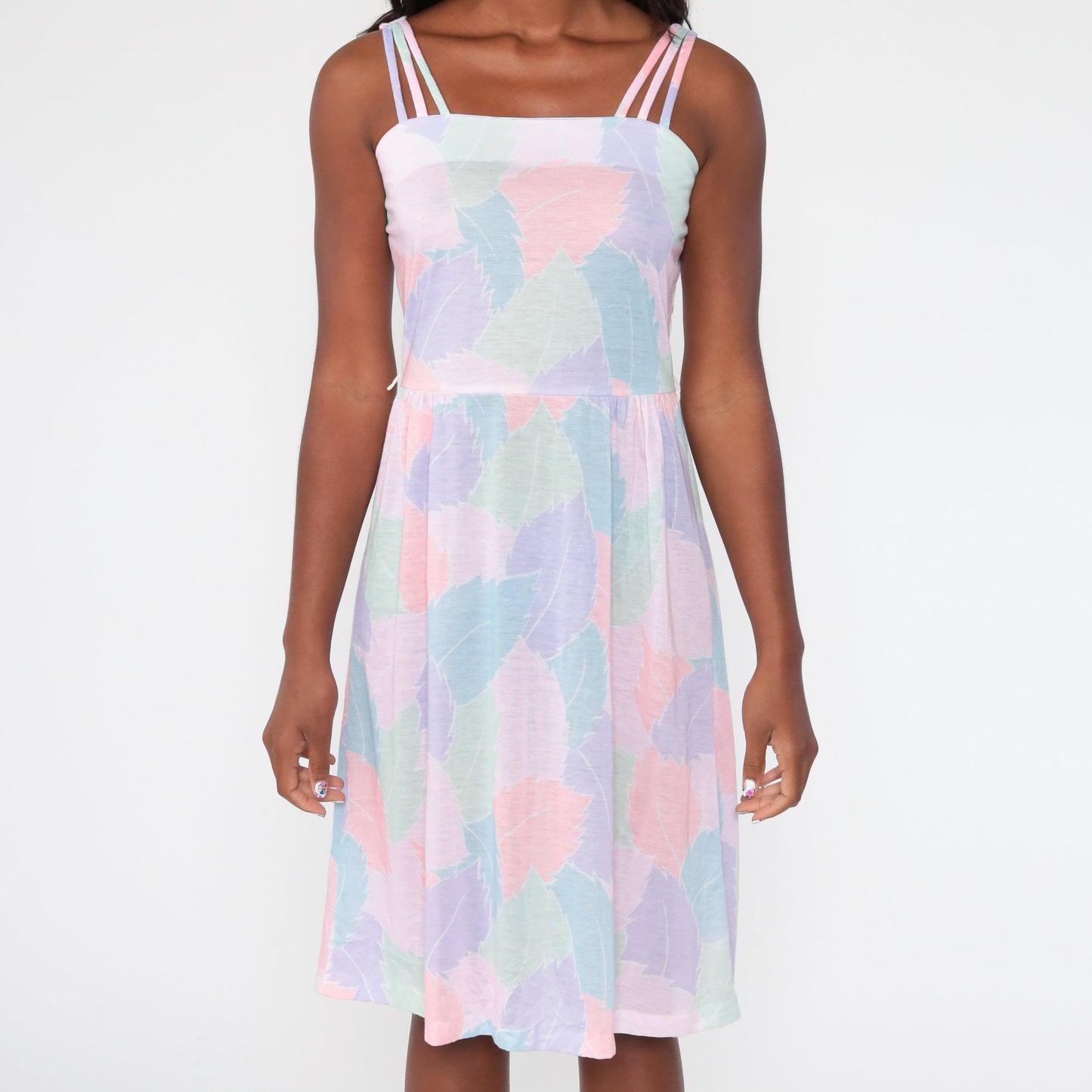 70s Leaf Print Midi Sundress High Waist Tank Pastel Cotton Medium