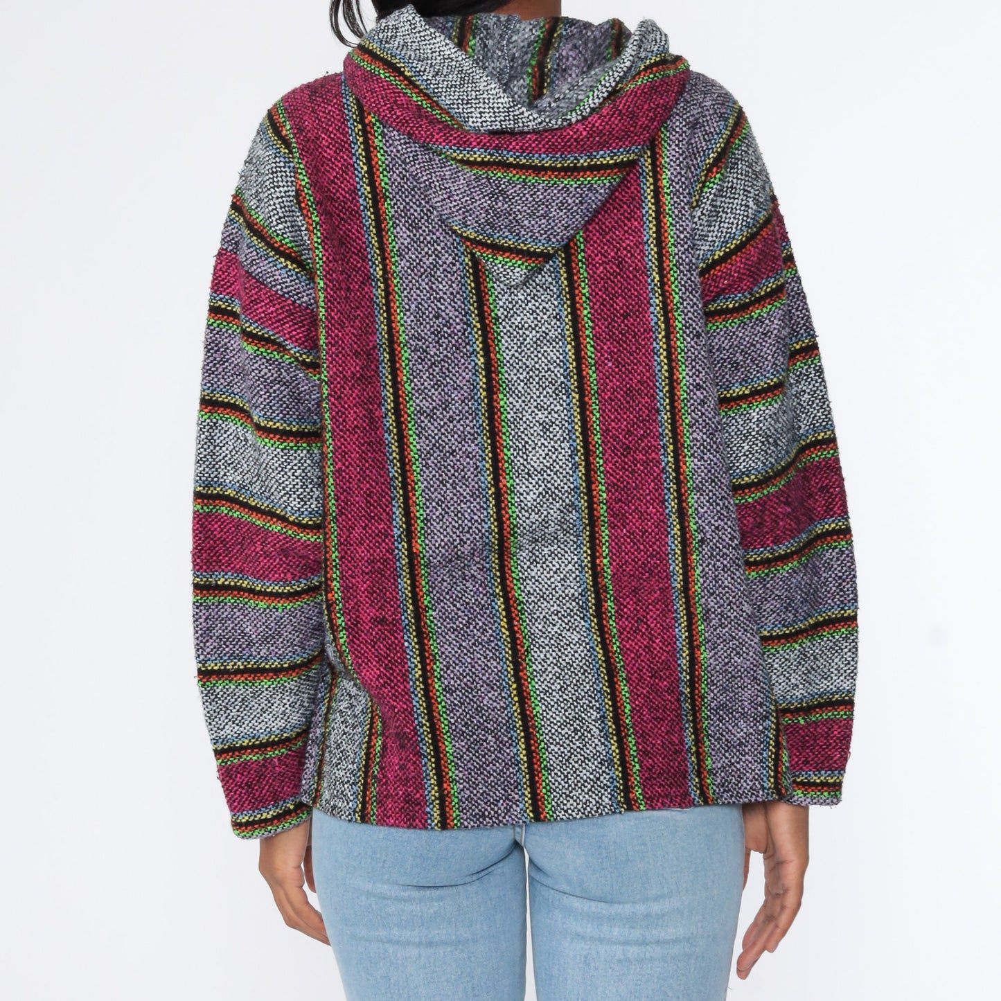 90s Mexican Baja Pullover Hoodie Striped Grey Pink Medium