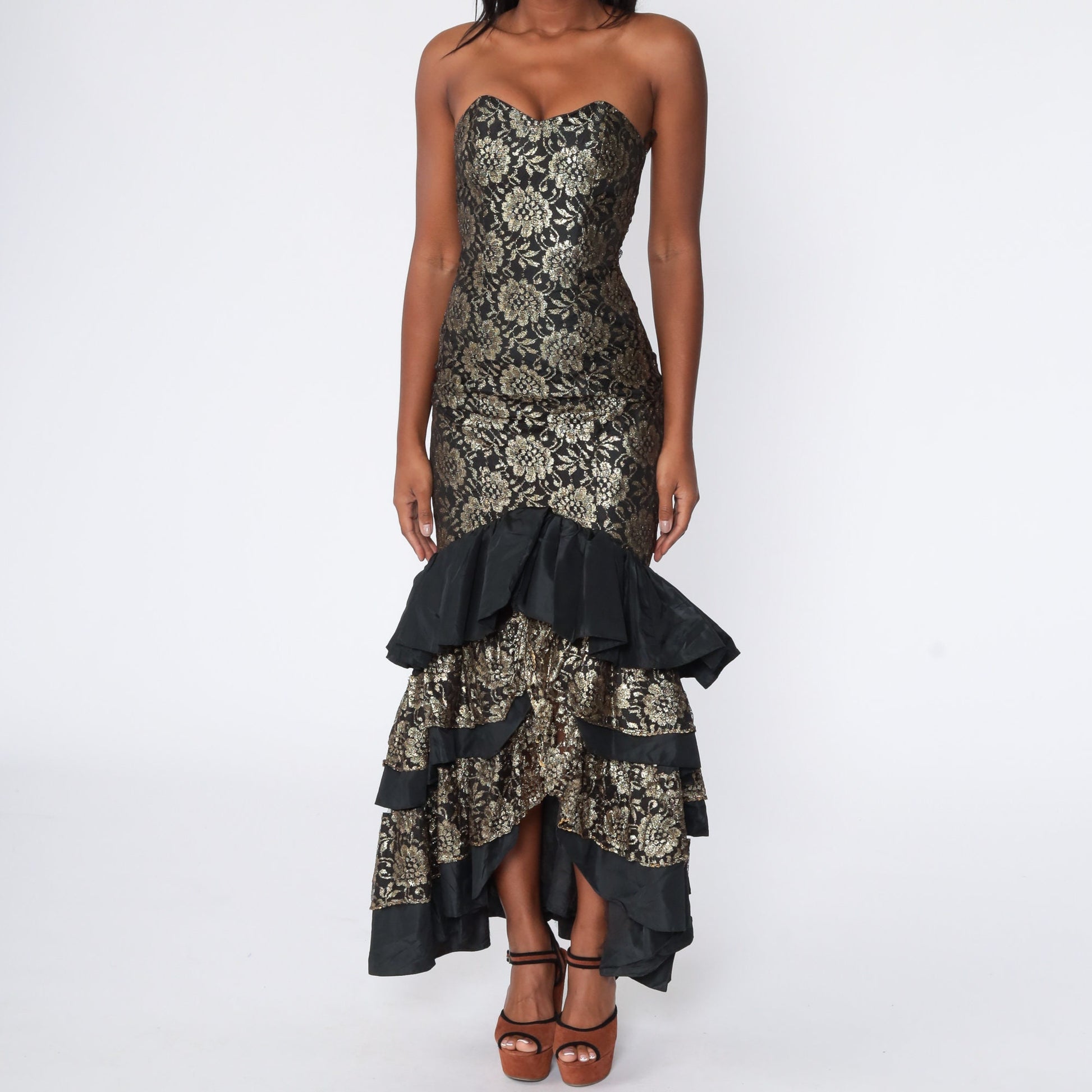 80s Metallic Gold Lace Strapless Mermaid Maxi Dress Sweetheart Neckline Extra Small