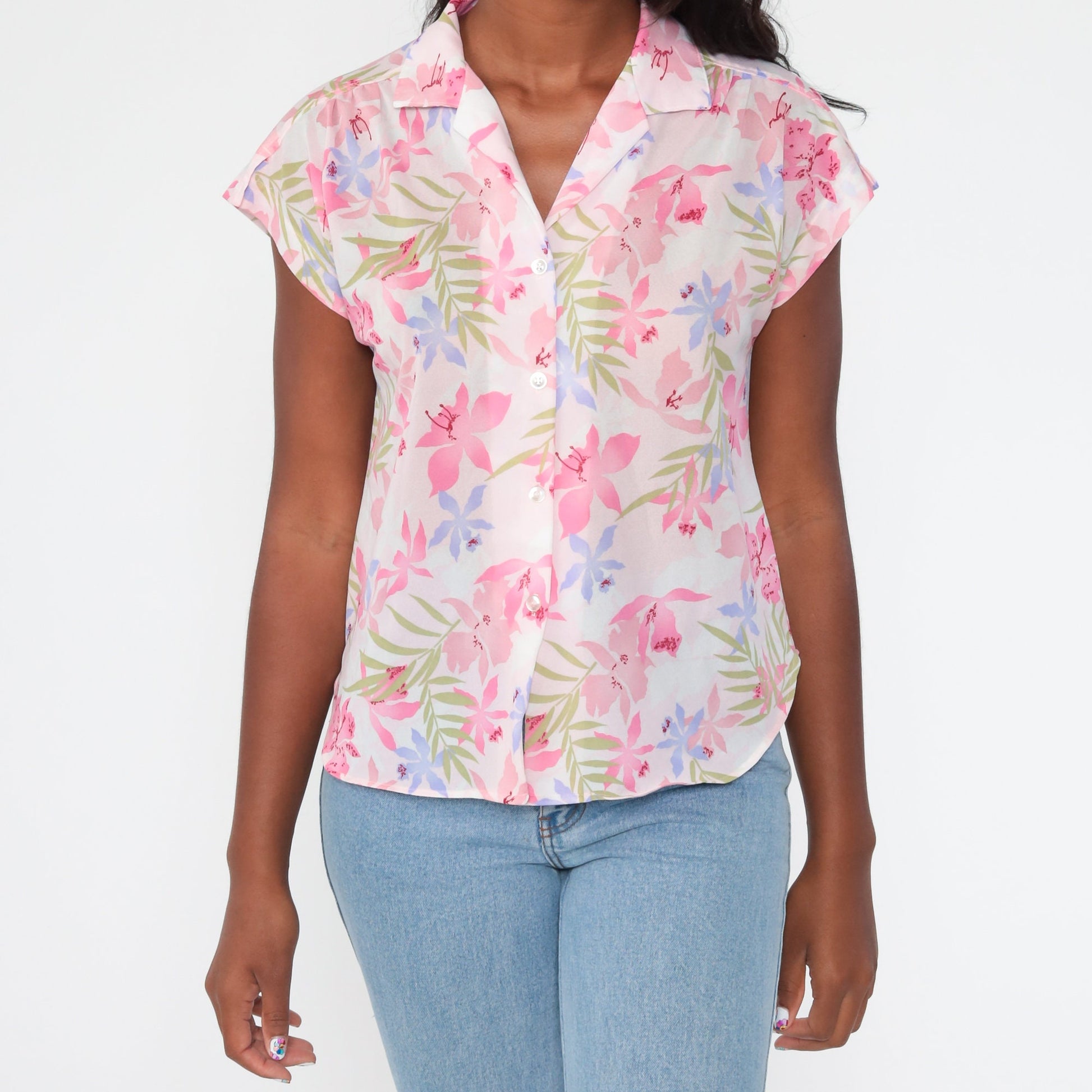 80s Tropical Floral Pink Hawaiian Button-Up Blouse Short Sleeve Medium