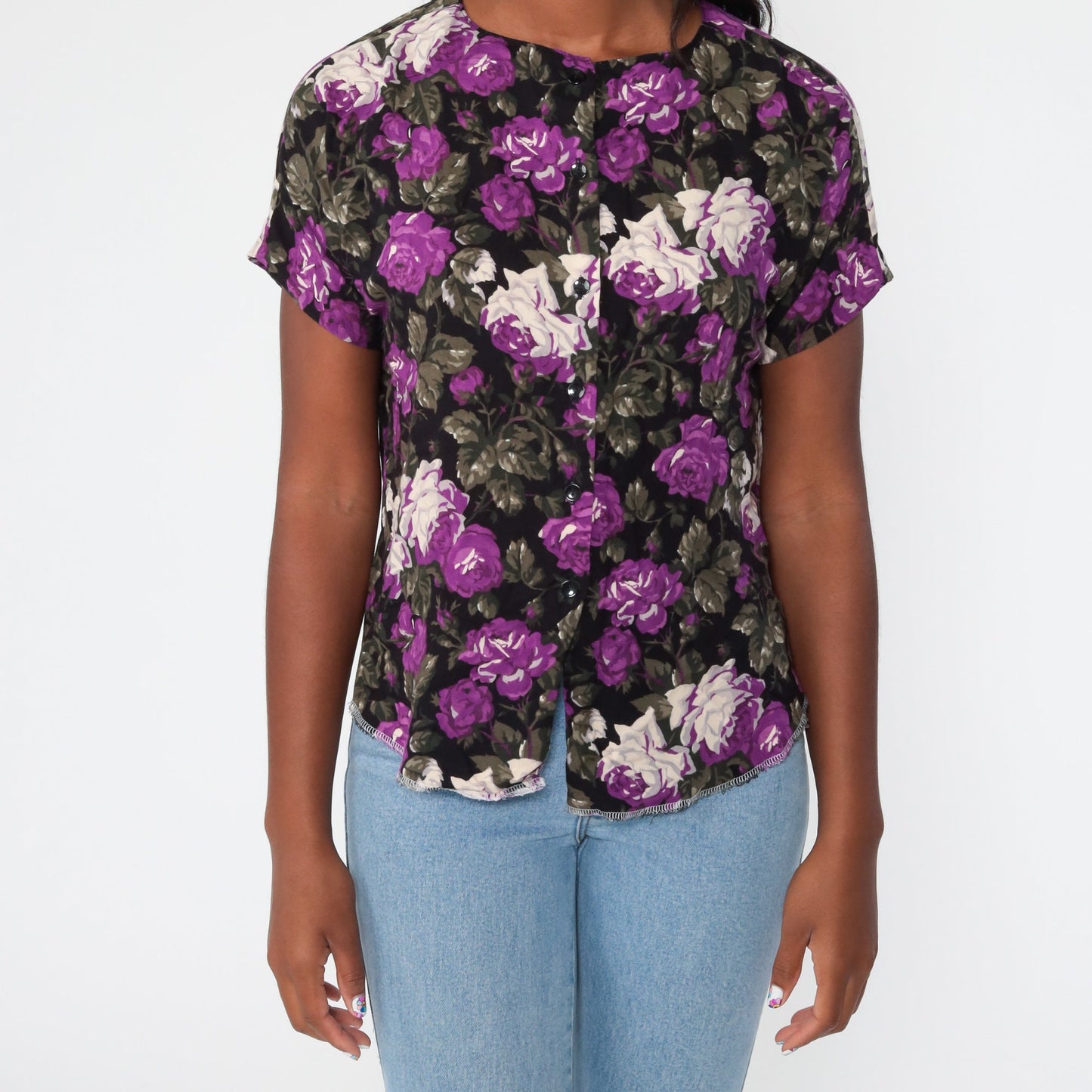 90s Floral Button-Up Blouse Purple Rayon Short Sleeve Medium