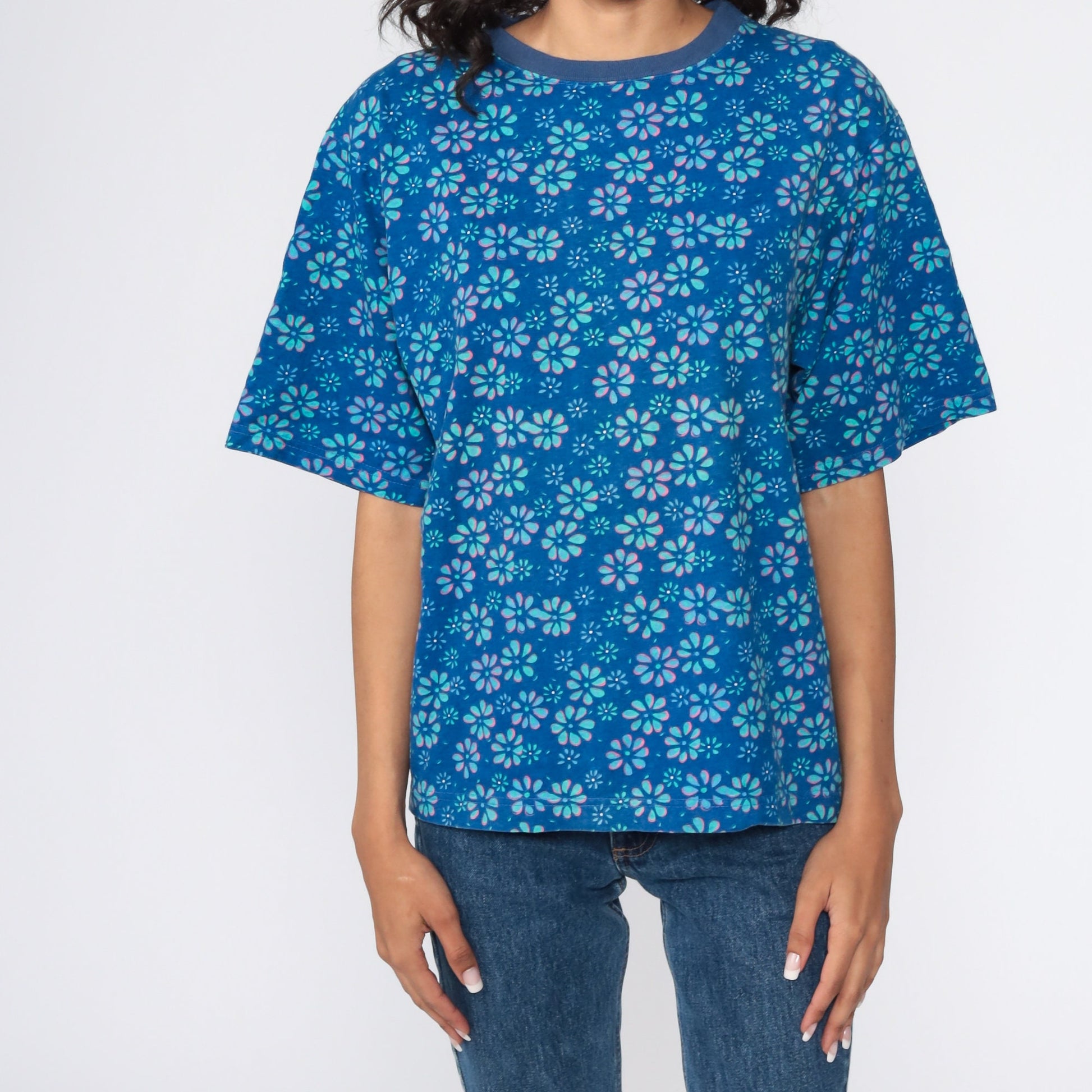 90s Floral Graphic T-Shirt Blue Flower Print Ringer Tee Medium M