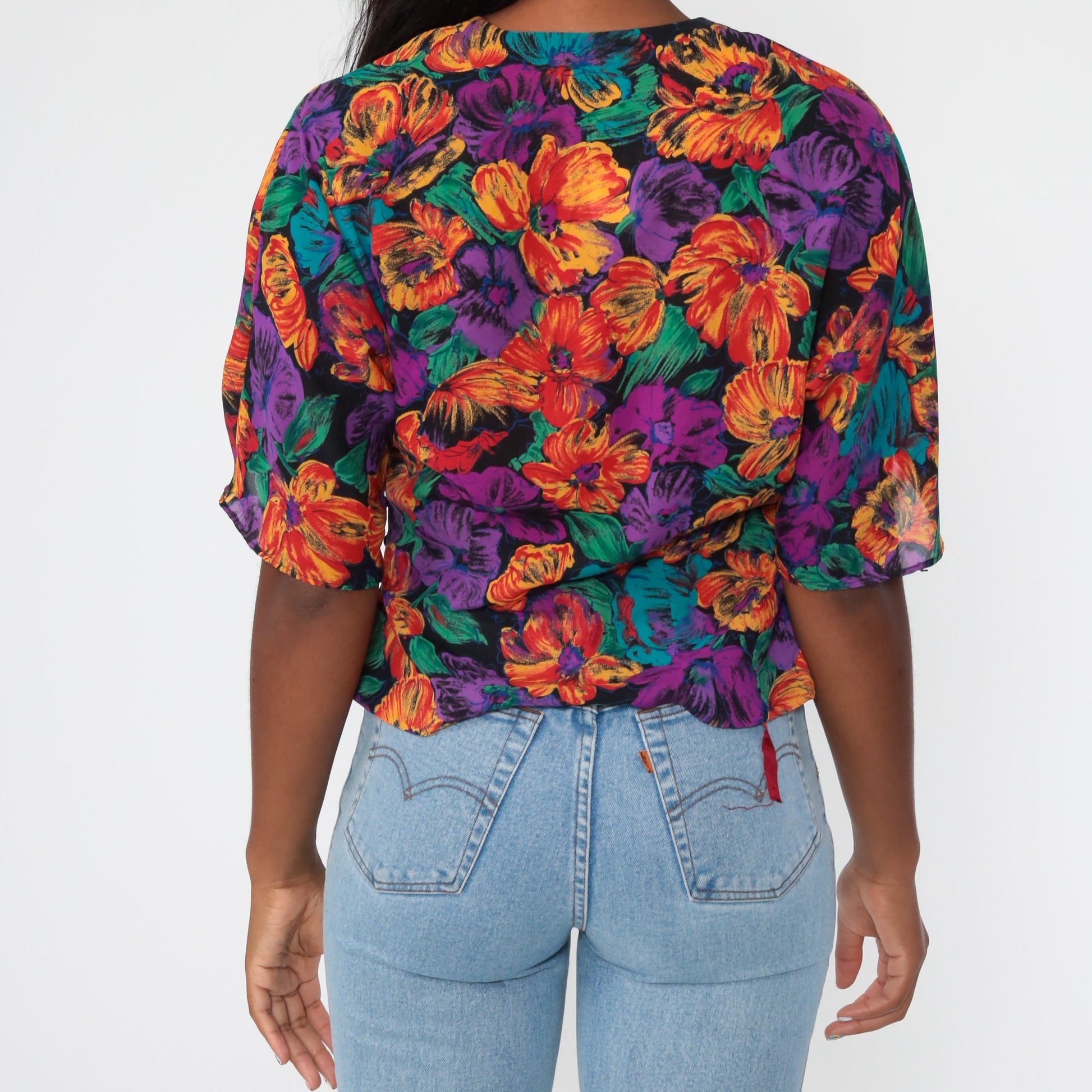 80s Toni Petite Floral Wrap Crop Top Purple Tropical Blouse Medium