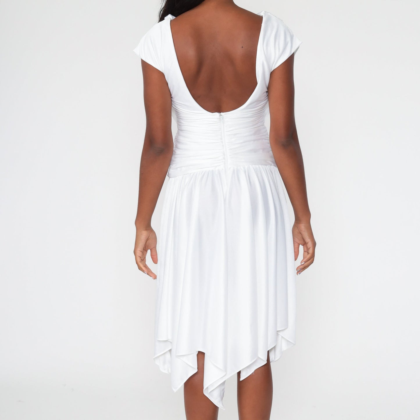 70s White Grecian Draped Midi Dress Cowl Neck Low Back Extra Small