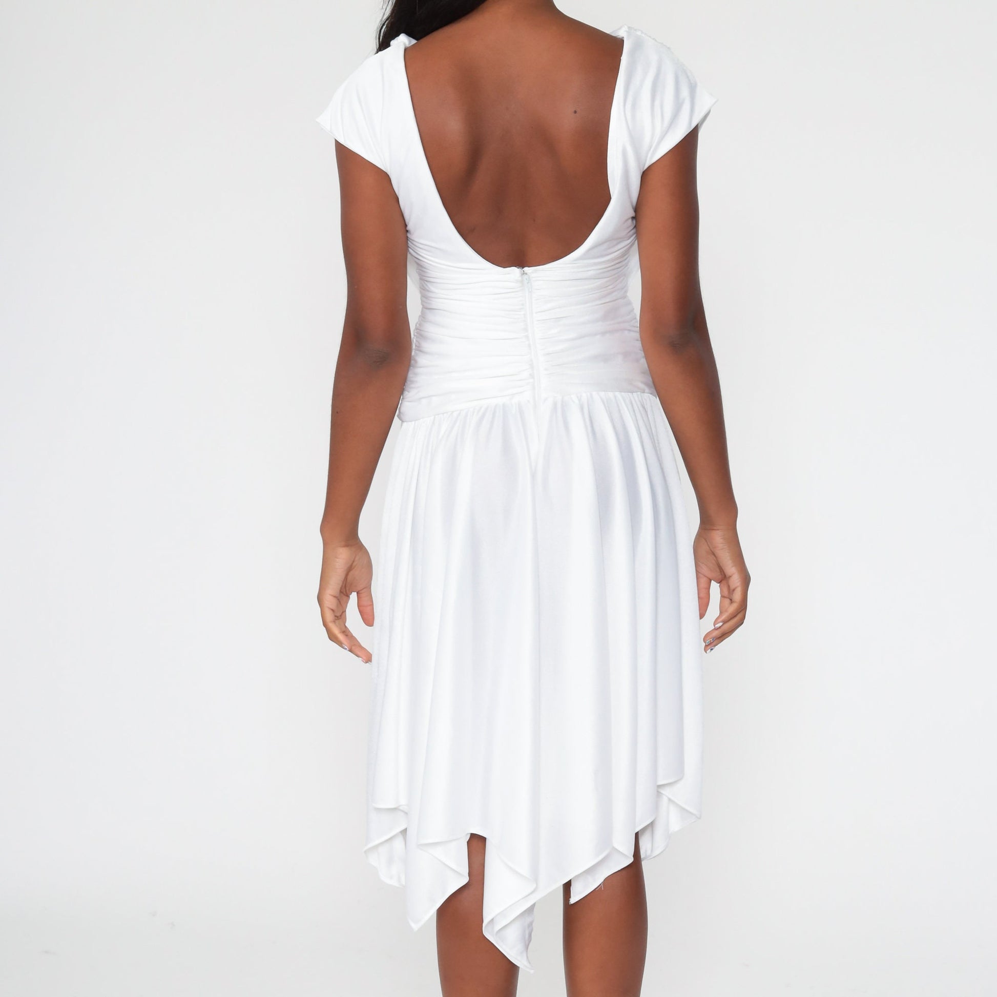 70s White Grecian Draped Midi Dress Cowl Neck Low Back Extra Small