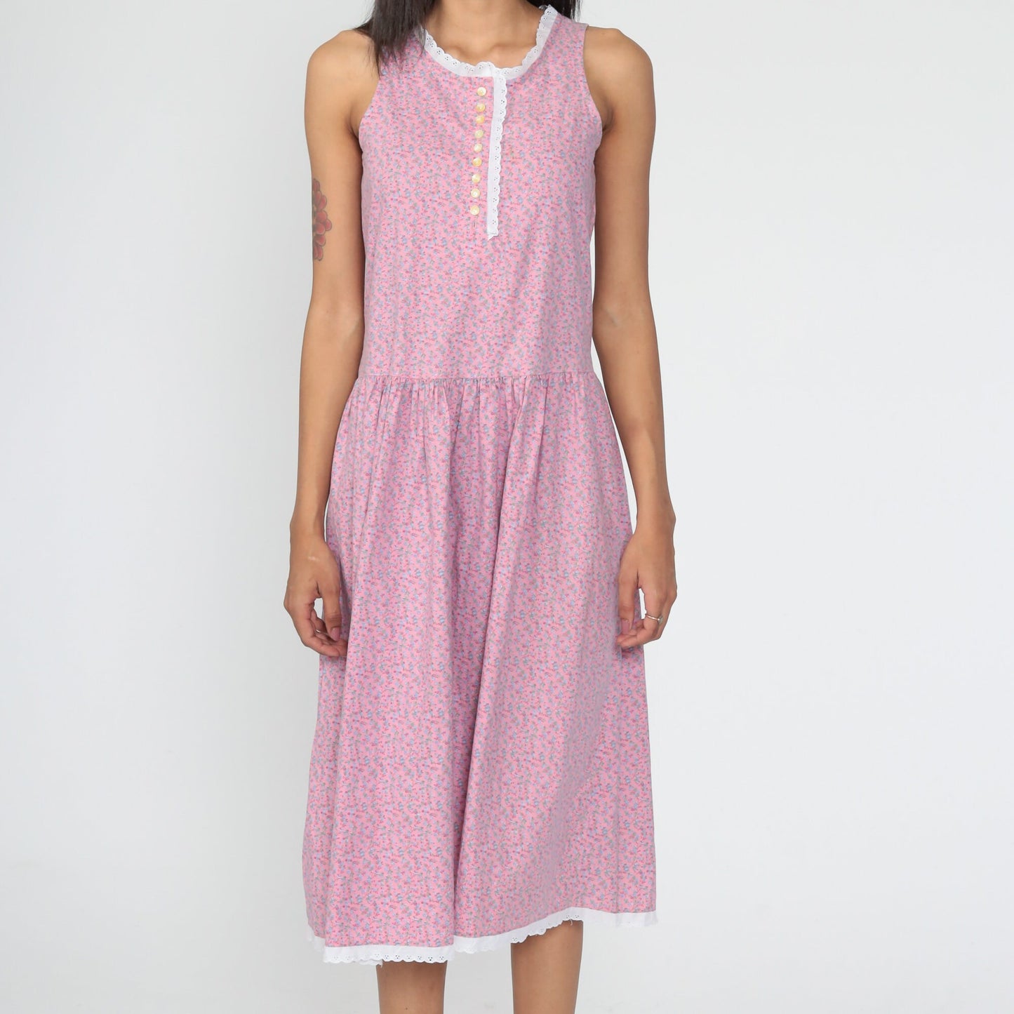 80s Calico Floral Midi Dress Pink Eyelet Lace Drop Waist Sleeveless Extra Small