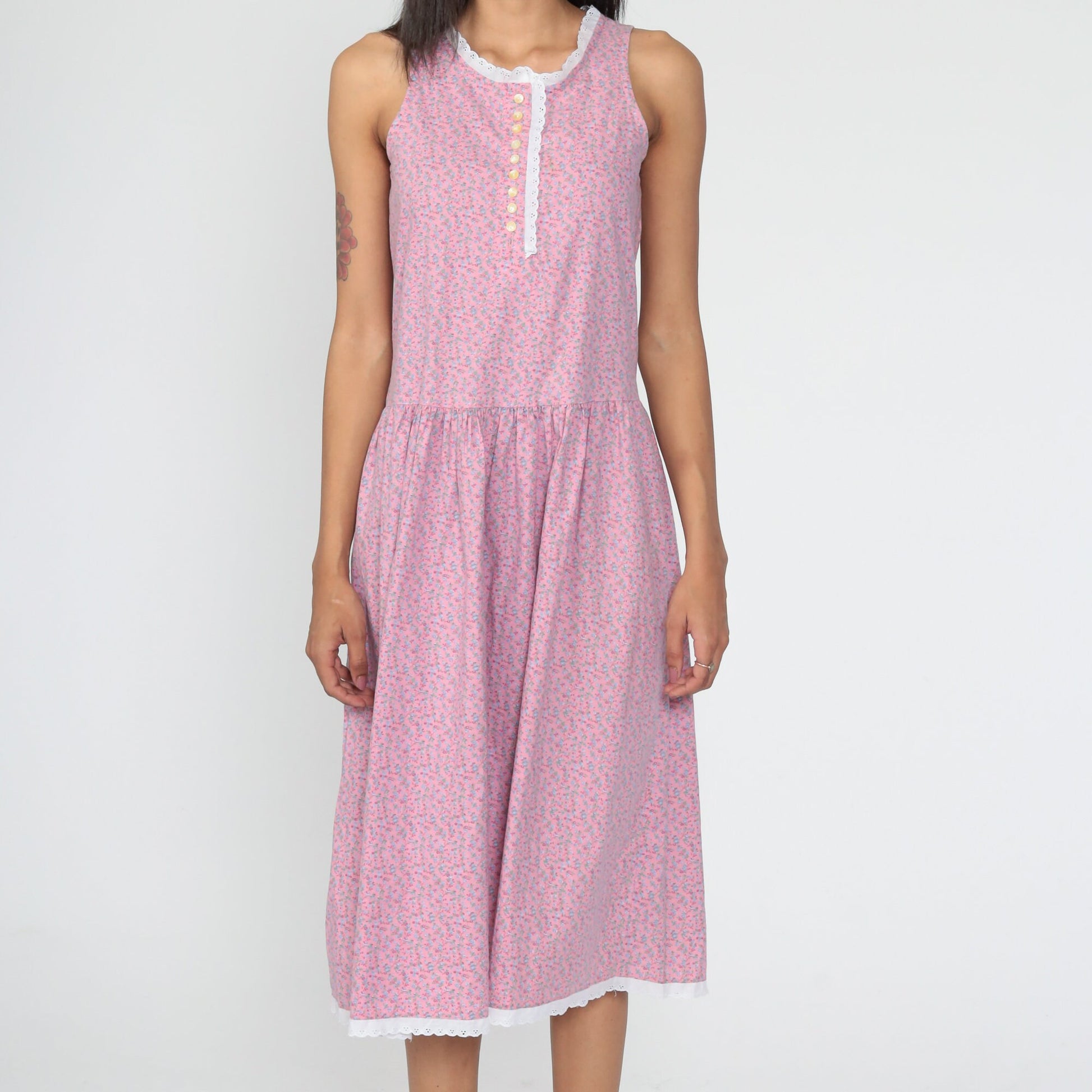 80s Calico Floral Midi Dress Pink Eyelet Lace Drop Waist Sleeveless Extra Small