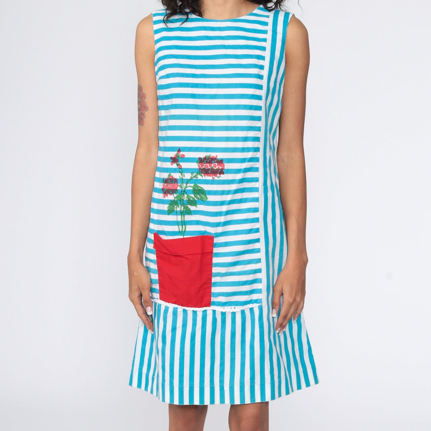 60s Floral Shift Dress Flower Pot Print Mini Blue Sleeveless Small