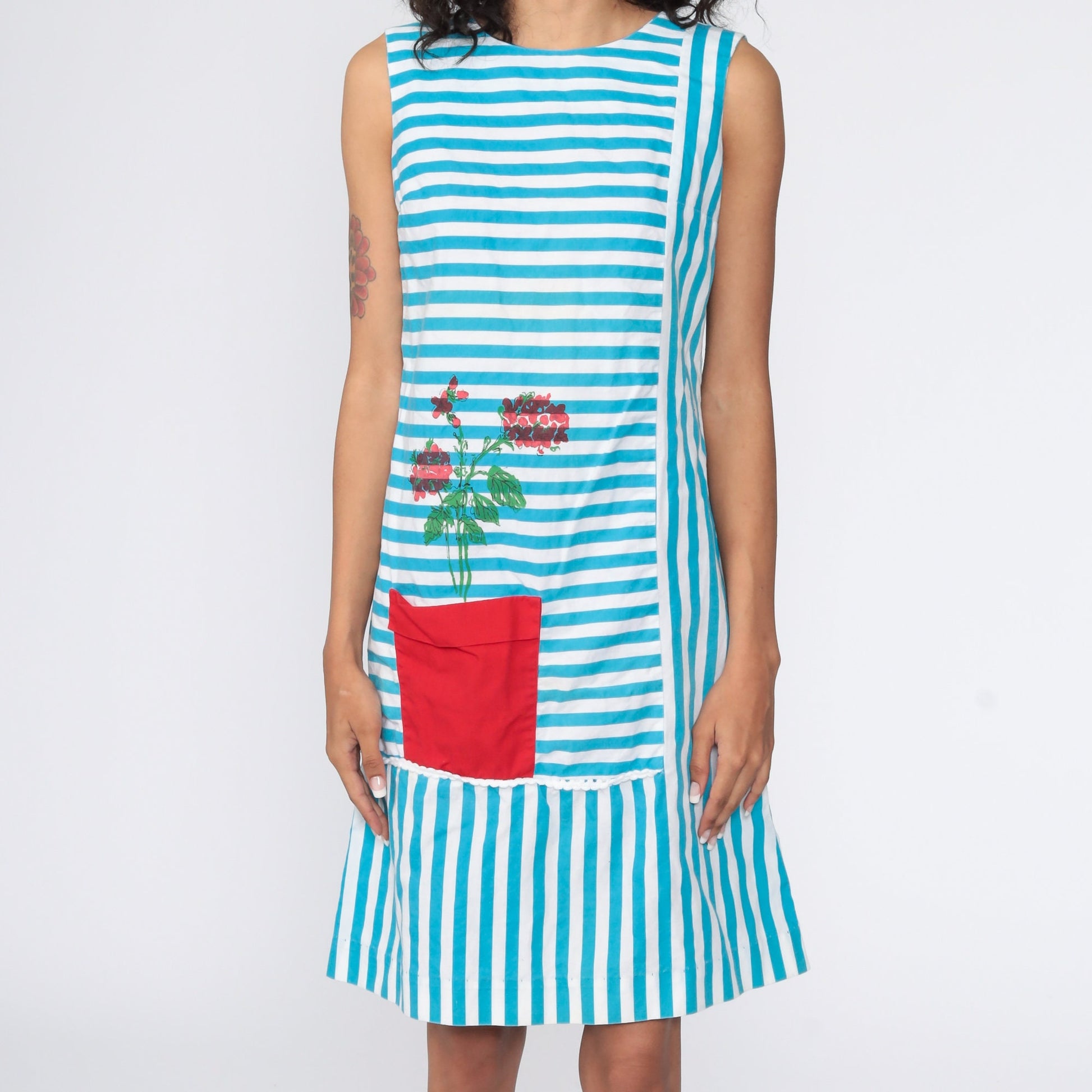 60s Floral Shift Dress Flower Pot Print Mini Blue Sleeveless Small