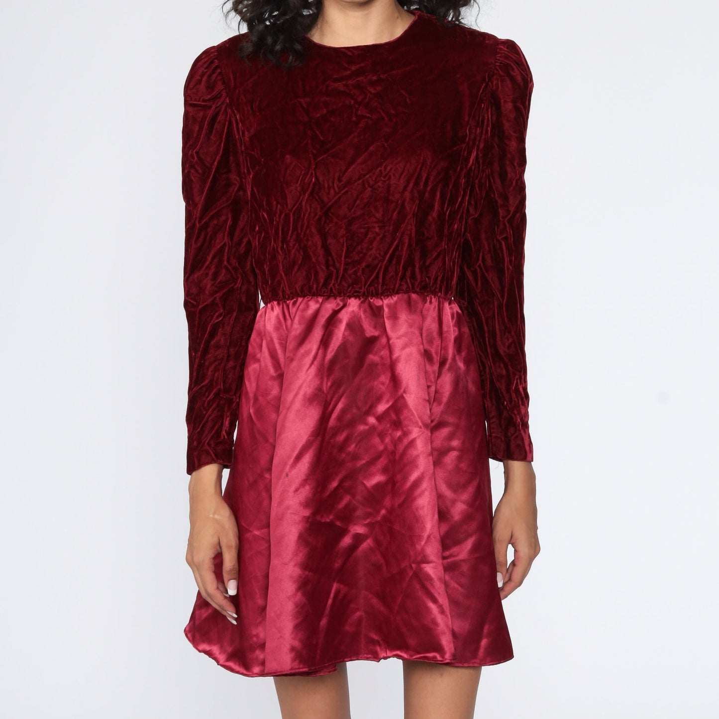 70s Red Velvet Mini Dress Puff Sleeve High Waist Party Medium