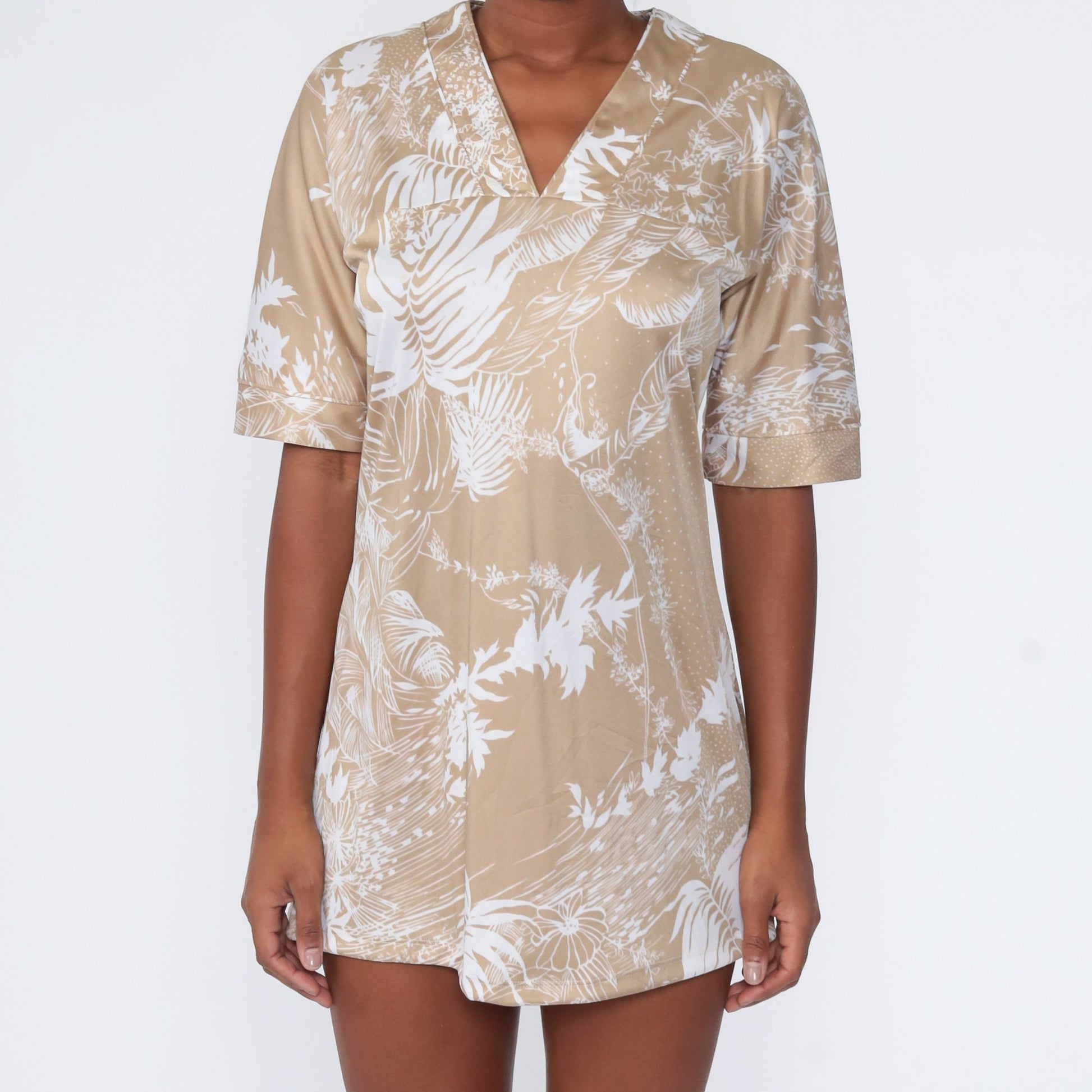 70s Tropical Leaf Print Shift Mini Dress Tan Short Sleeve Medium Large