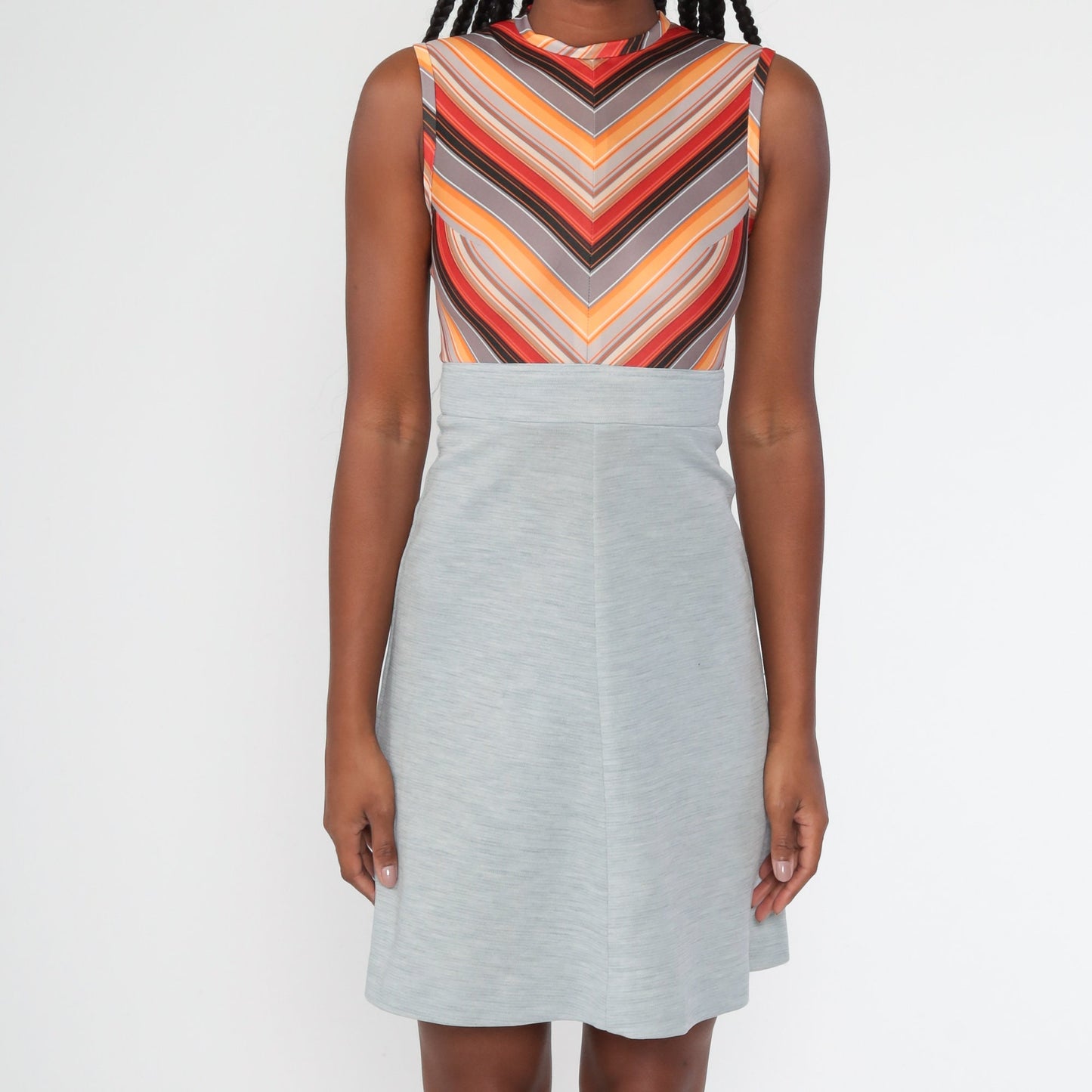 70s Chevron Stripe Mini Shift Dress Empire Waist Grey Orange Extra Small