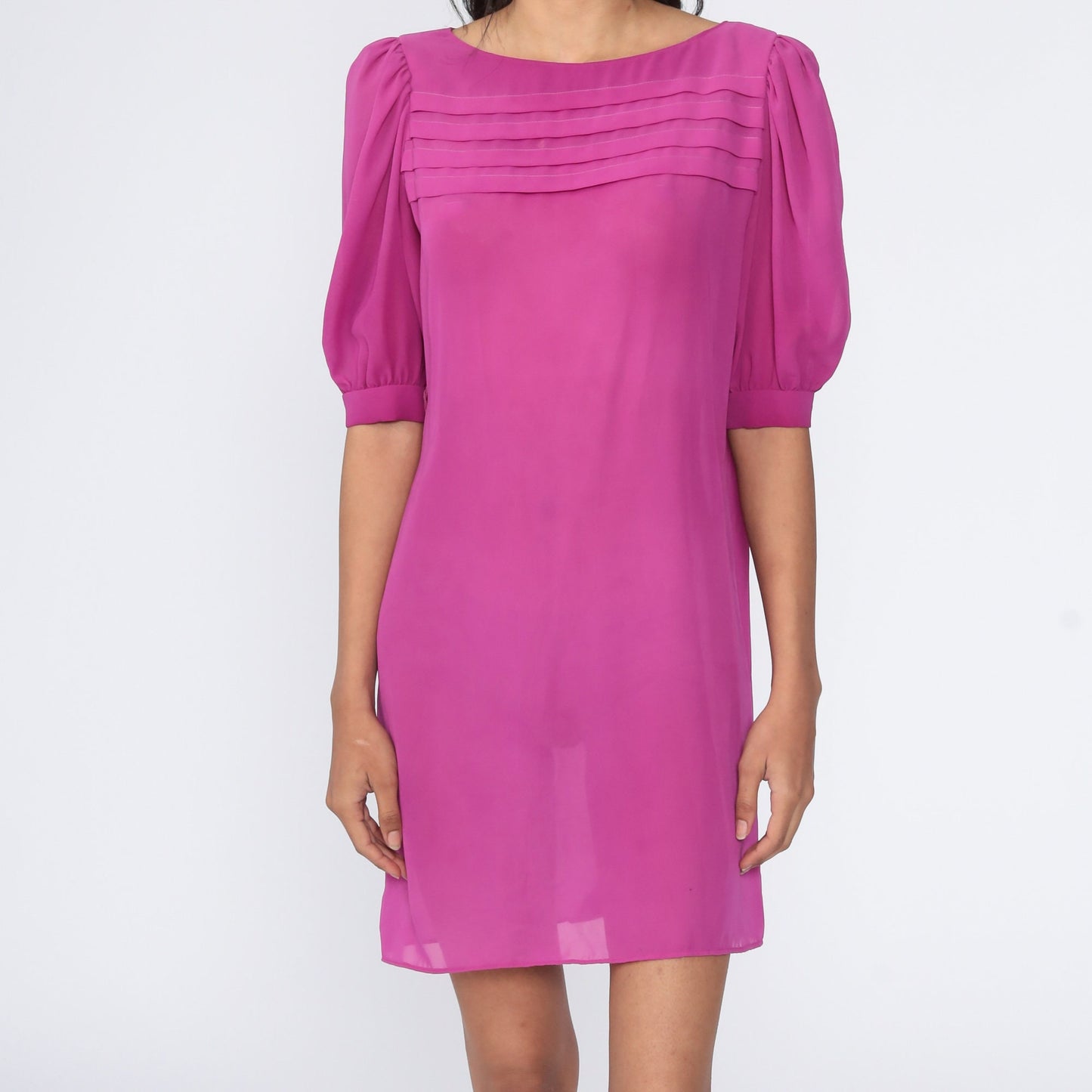 80s Purple Sheer Shift Dress Puff Sleeve Chiffon Medium