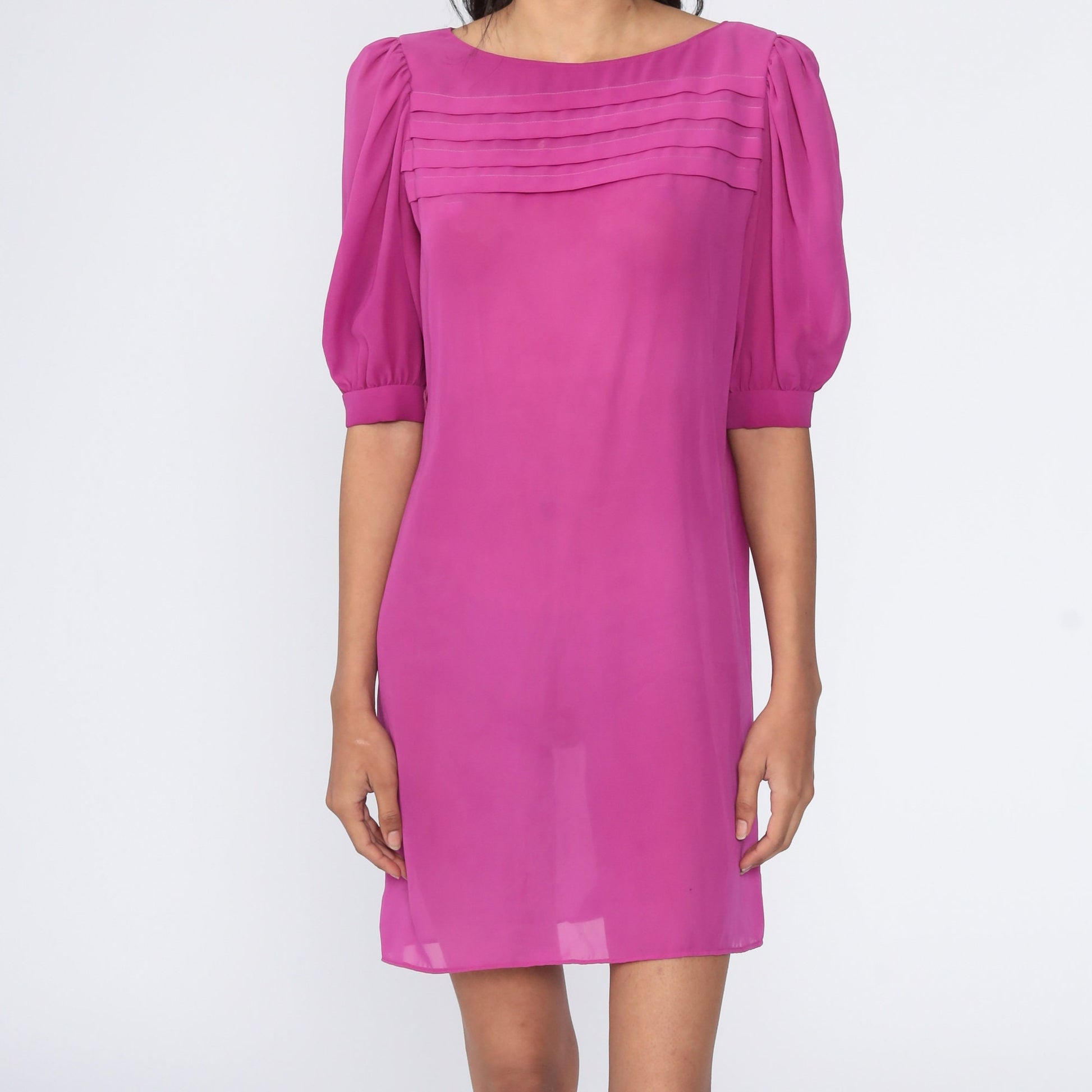 80s Purple Sheer Shift Dress Puff Sleeve Chiffon Medium