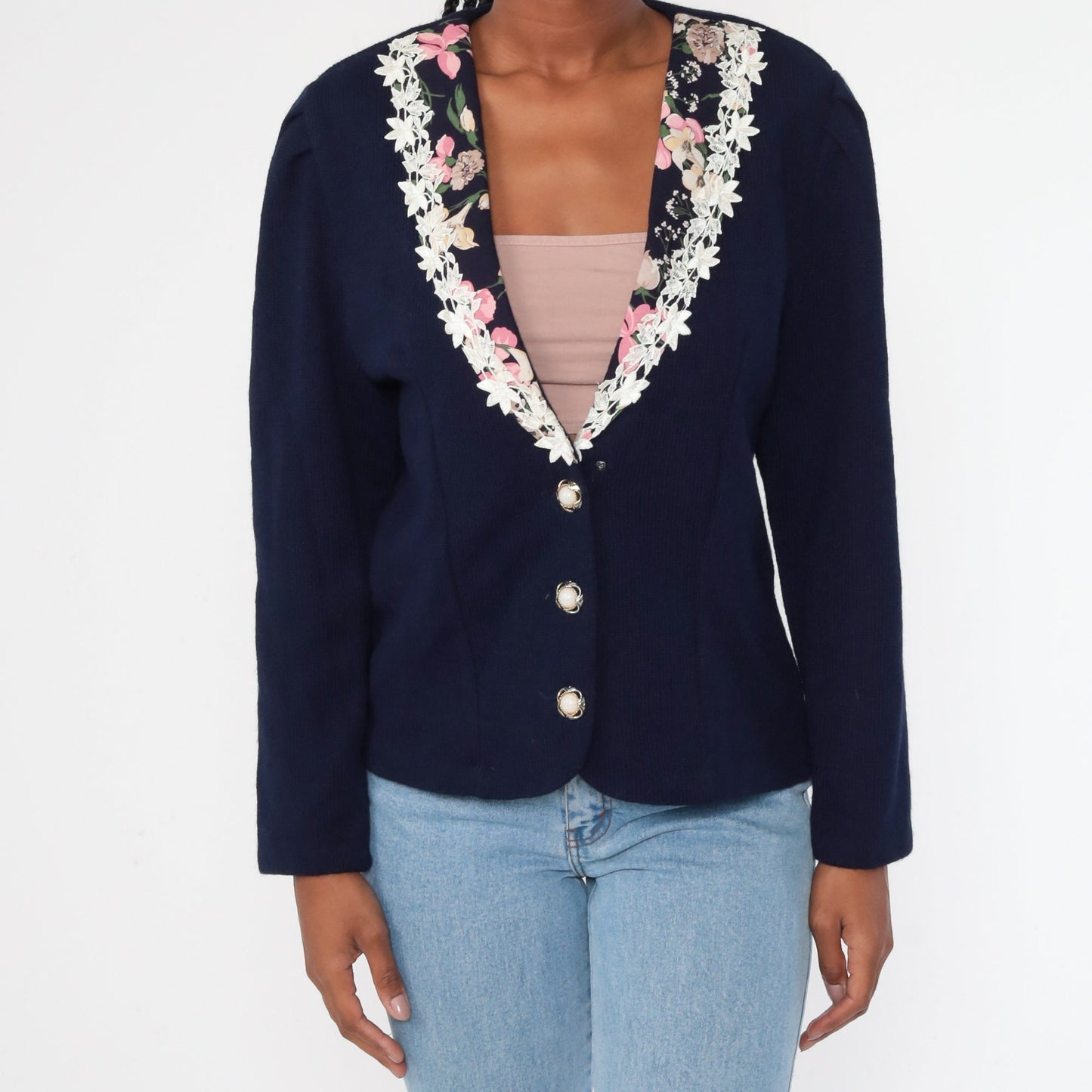 80s Navy Blazer Jacket Floral Lace Trim Office Jacket Medium