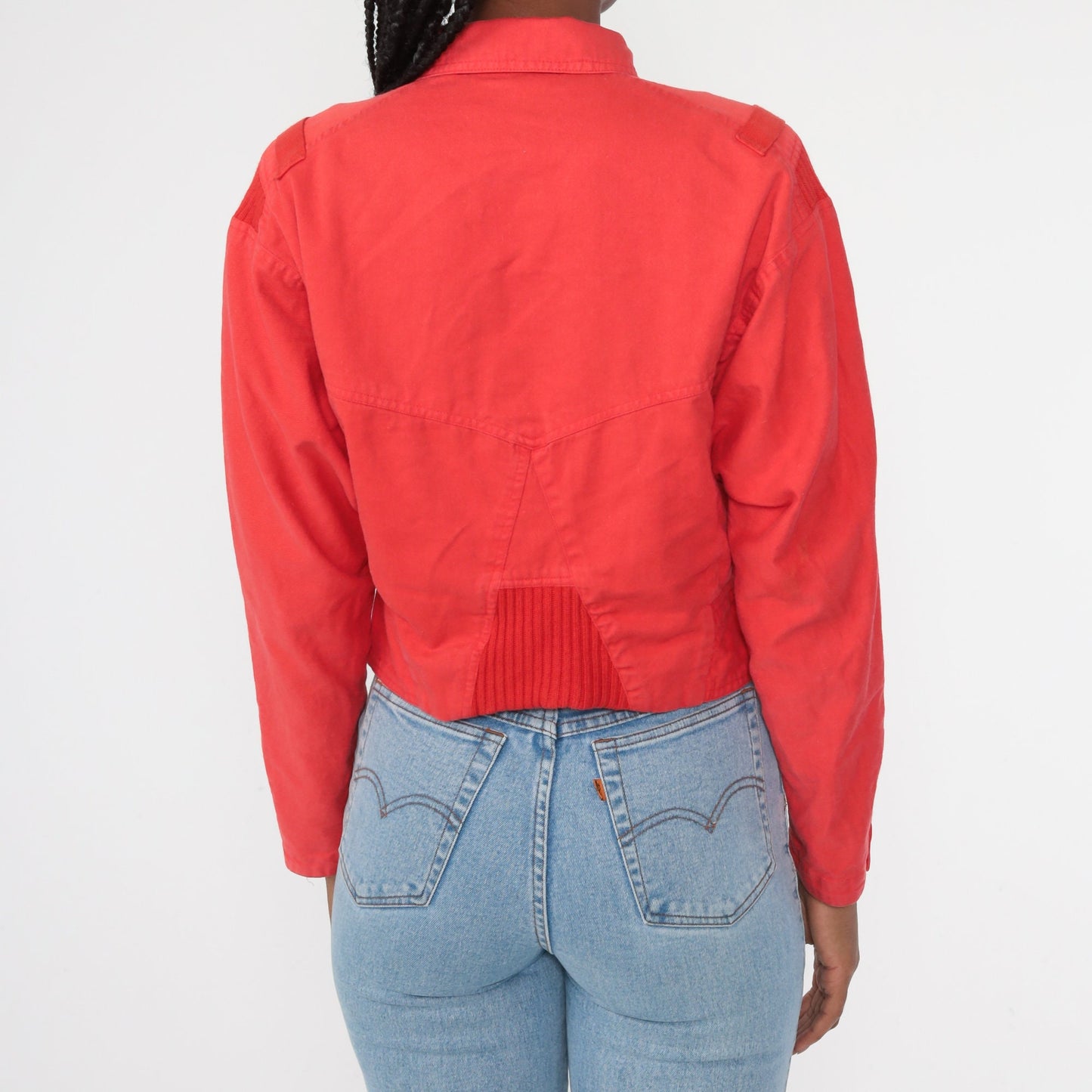 90s Red Cotton Cropped Jacket Button Up Cargo Pocket Small